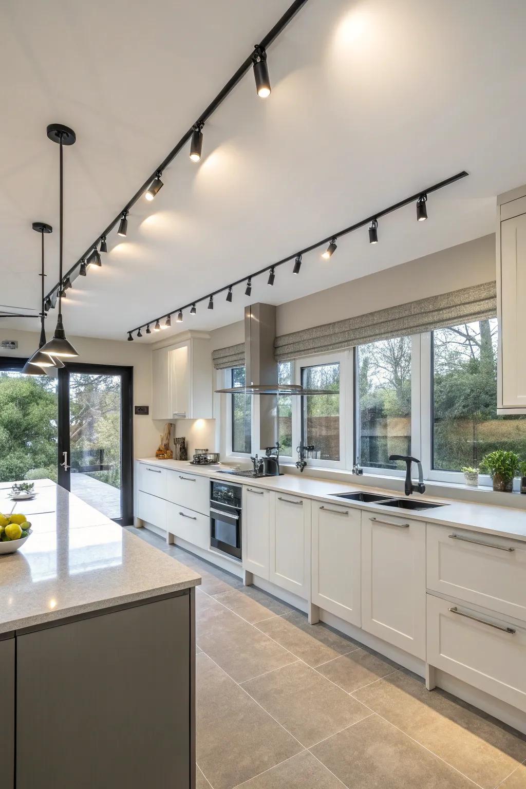 Customizable modular track lighting in a kitchen