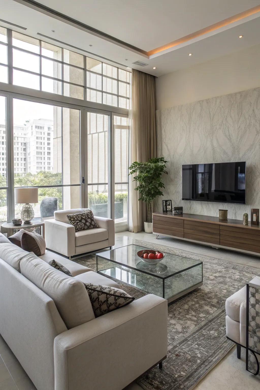 A TV wall complemented by stylish modern furniture.