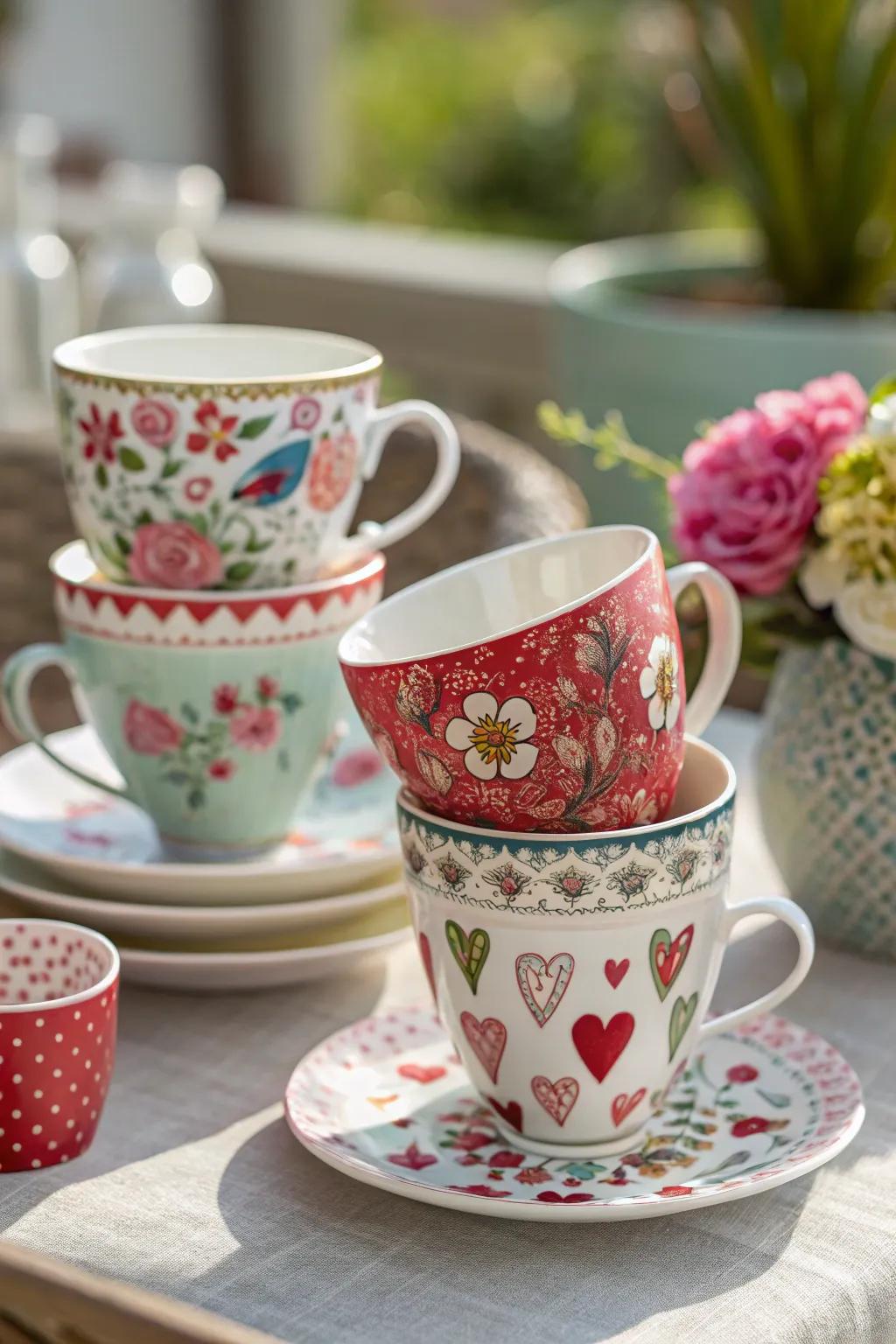 Charming decorative tea cups using floral and heart designs.