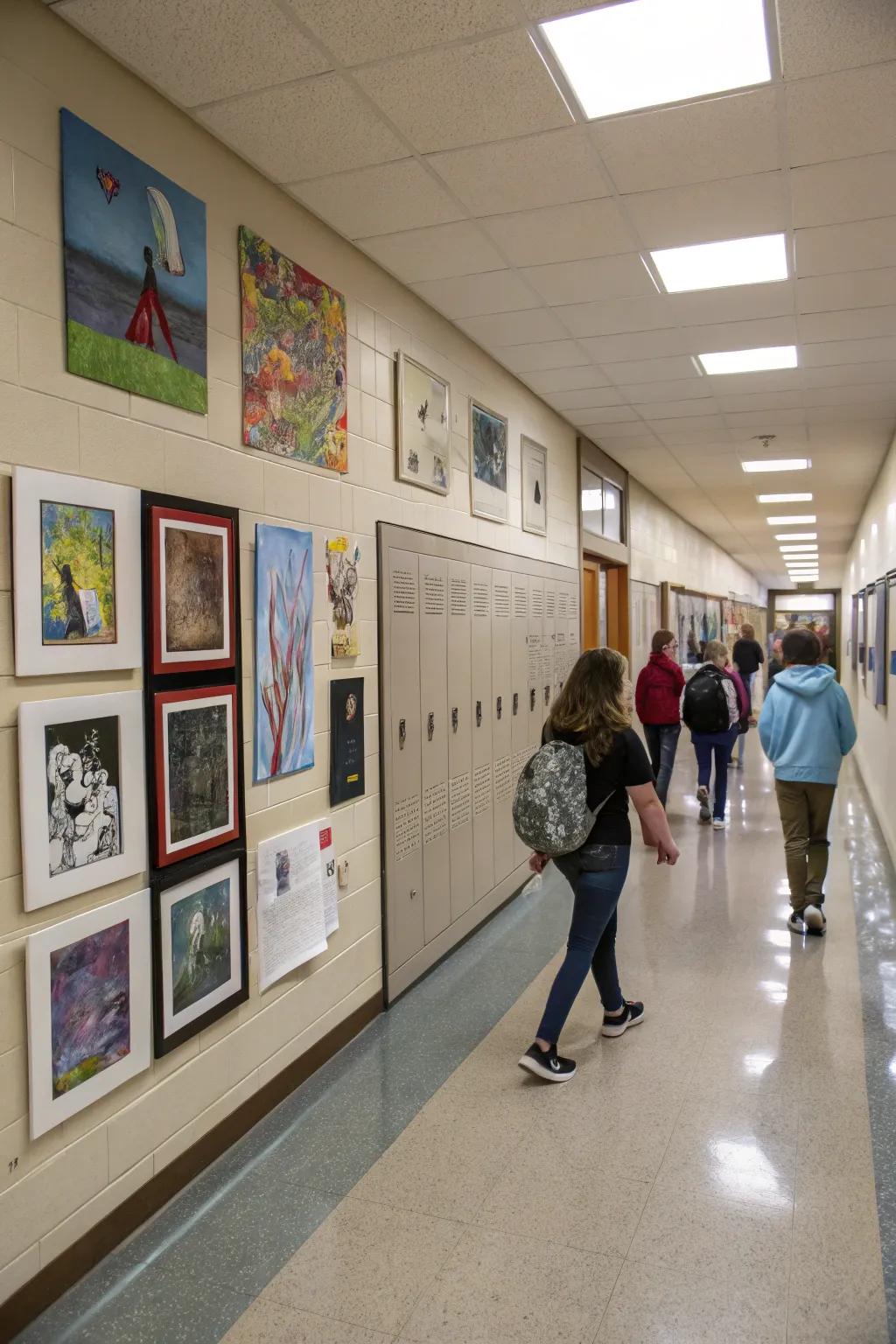 A student art gallery wall that showcases creativity and fosters pride.