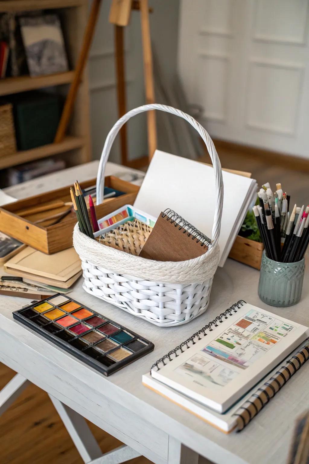 A creative art supplies white gift basket to fuel inspiration.