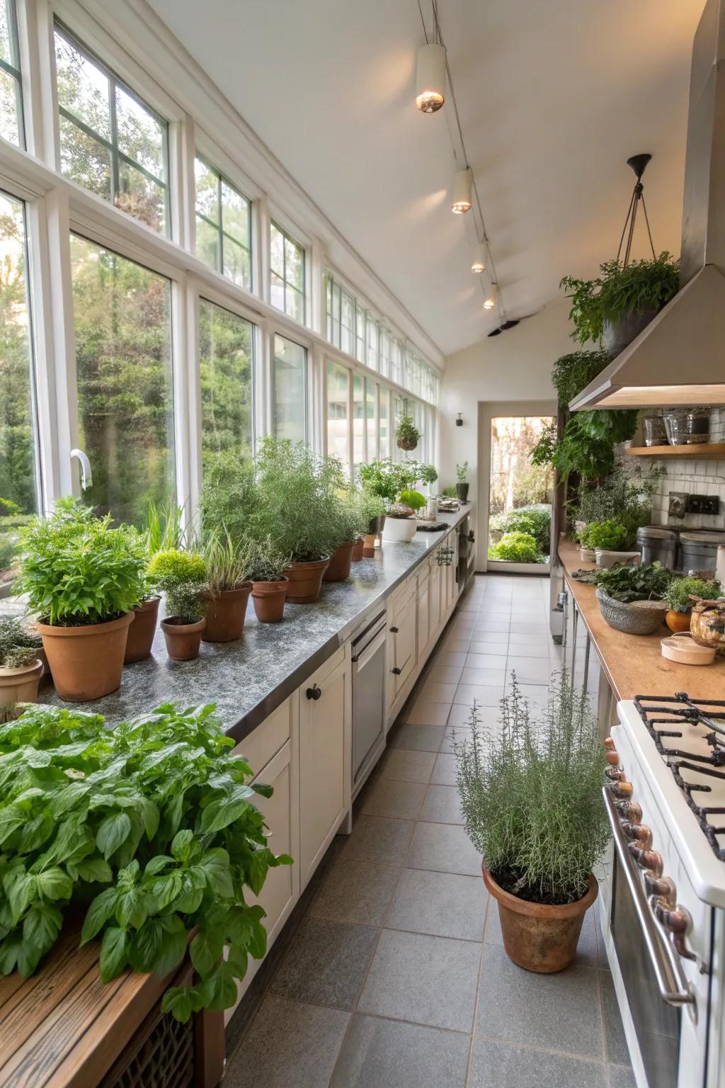 Greenery imparting a revitalizing essence to a wide galley kitchen.