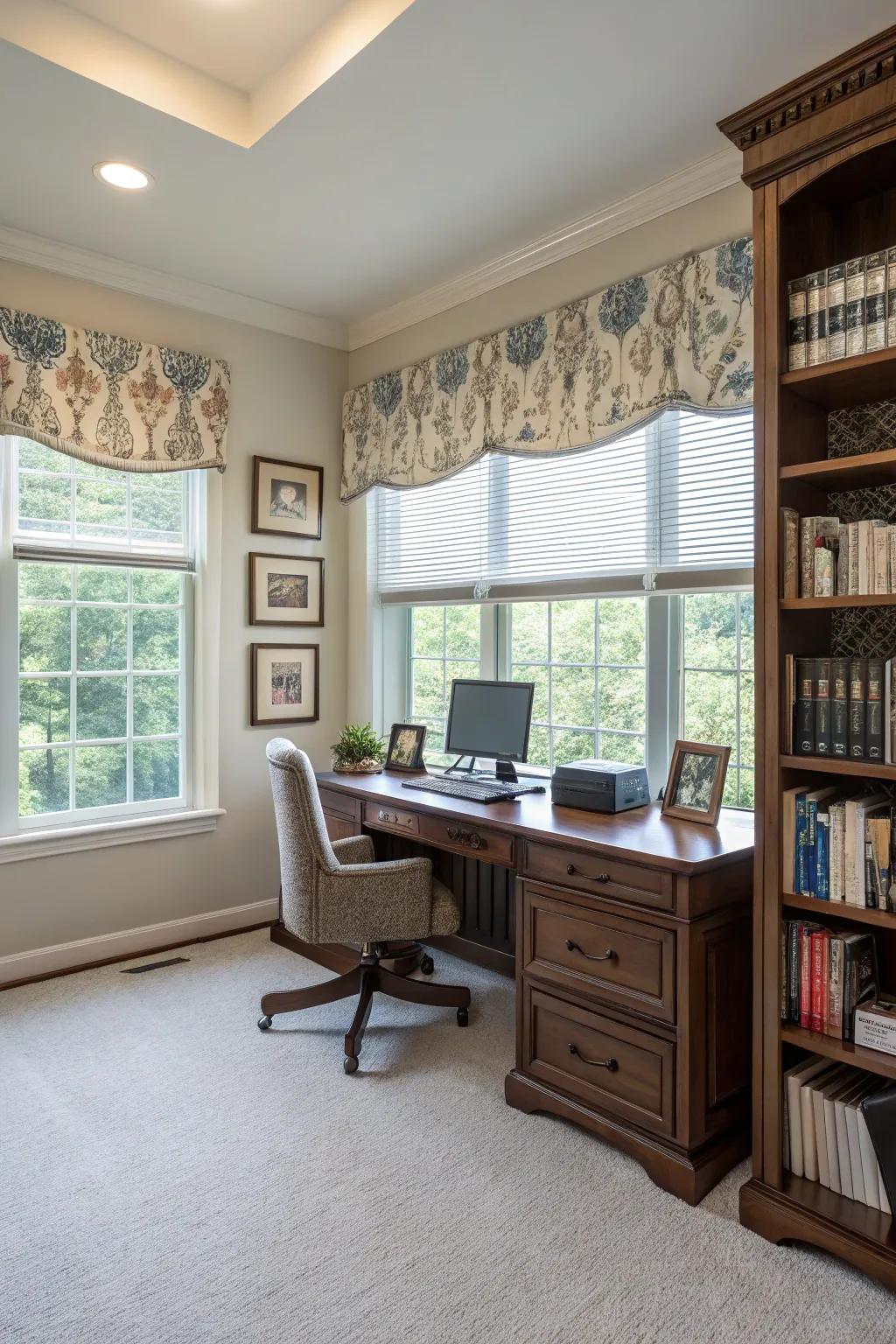 Valances over blinds provide a polished look.