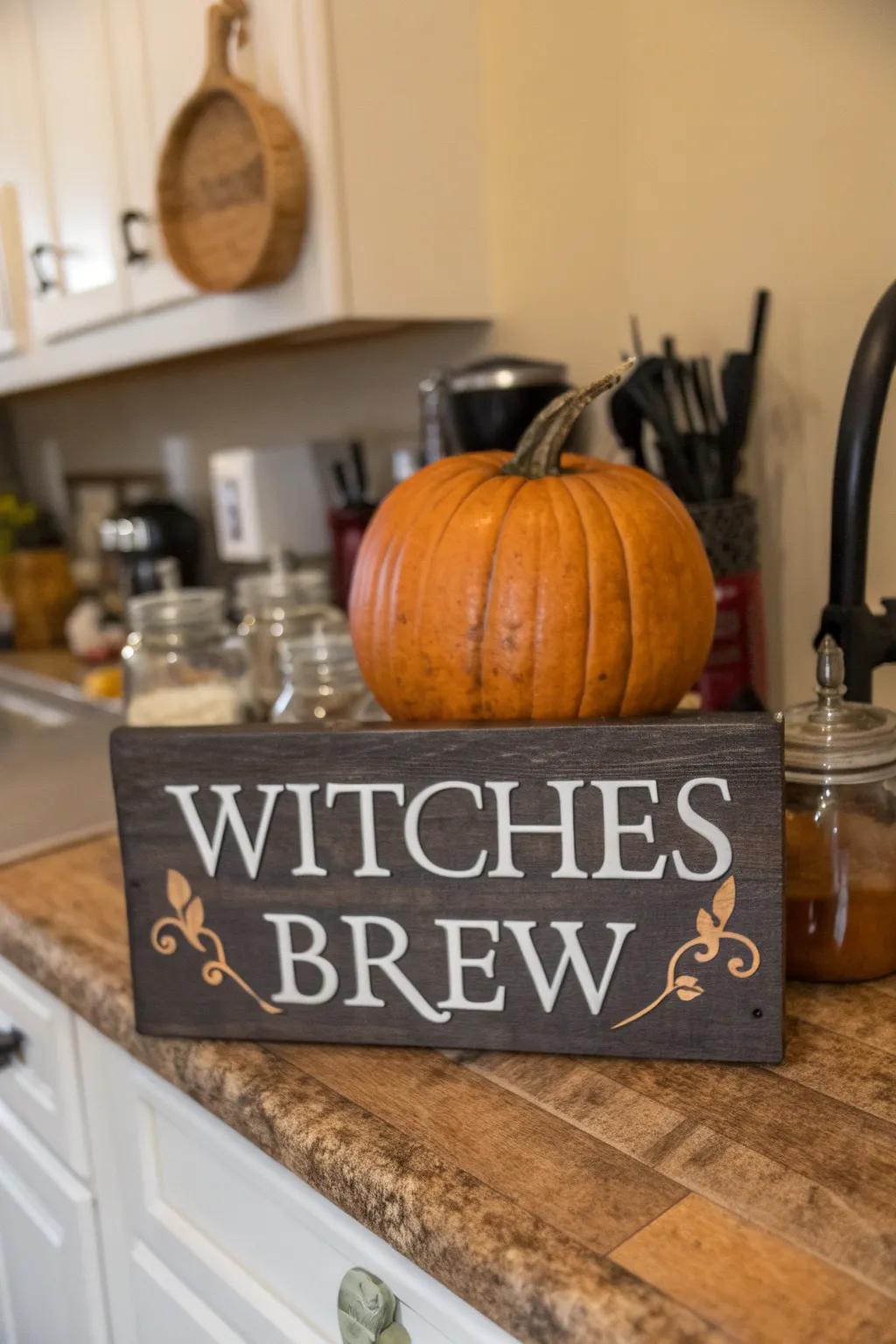 Pumpkin with a charming Witches Brew sign.