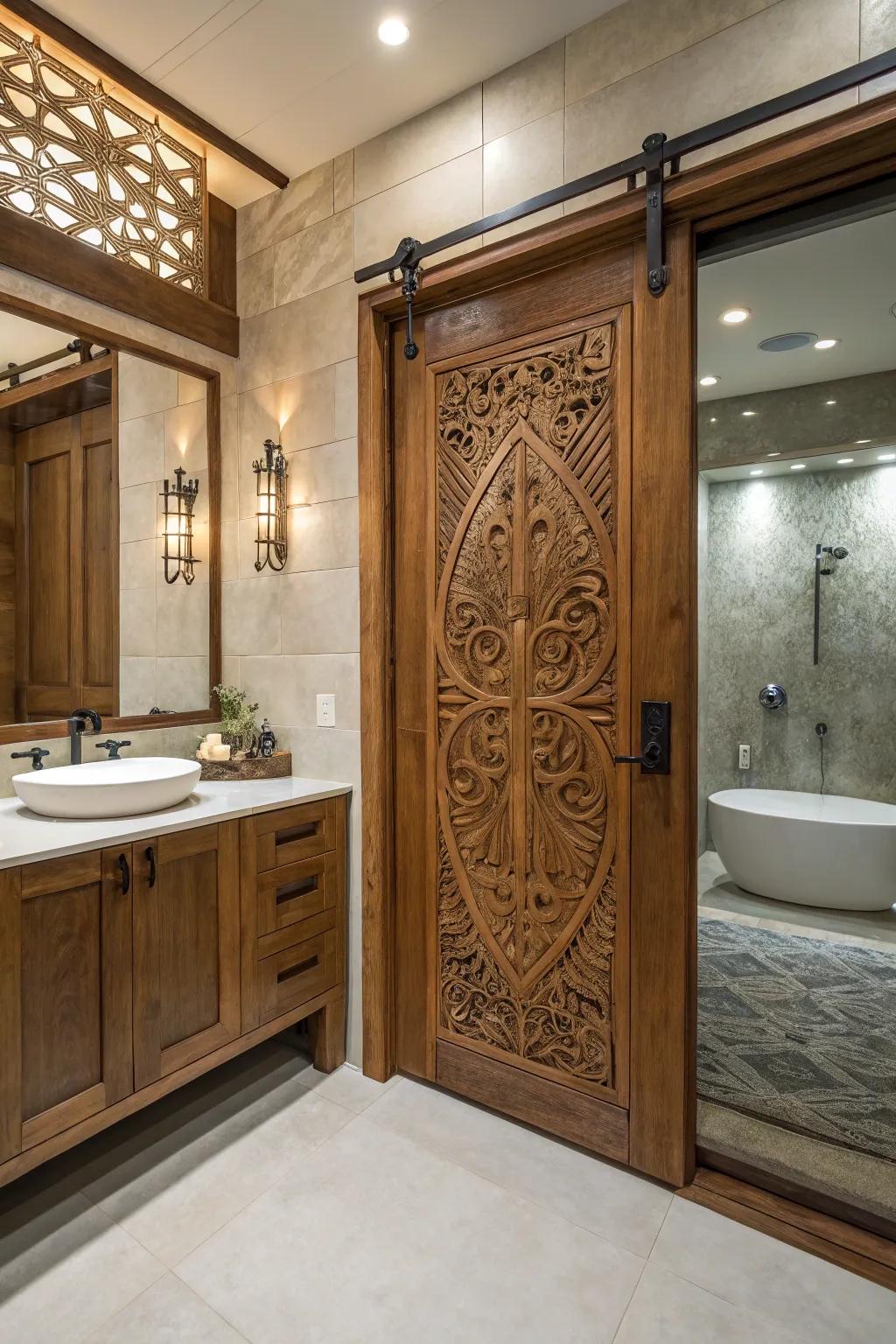 Etched wood designs transform shower entrances into art pieces.