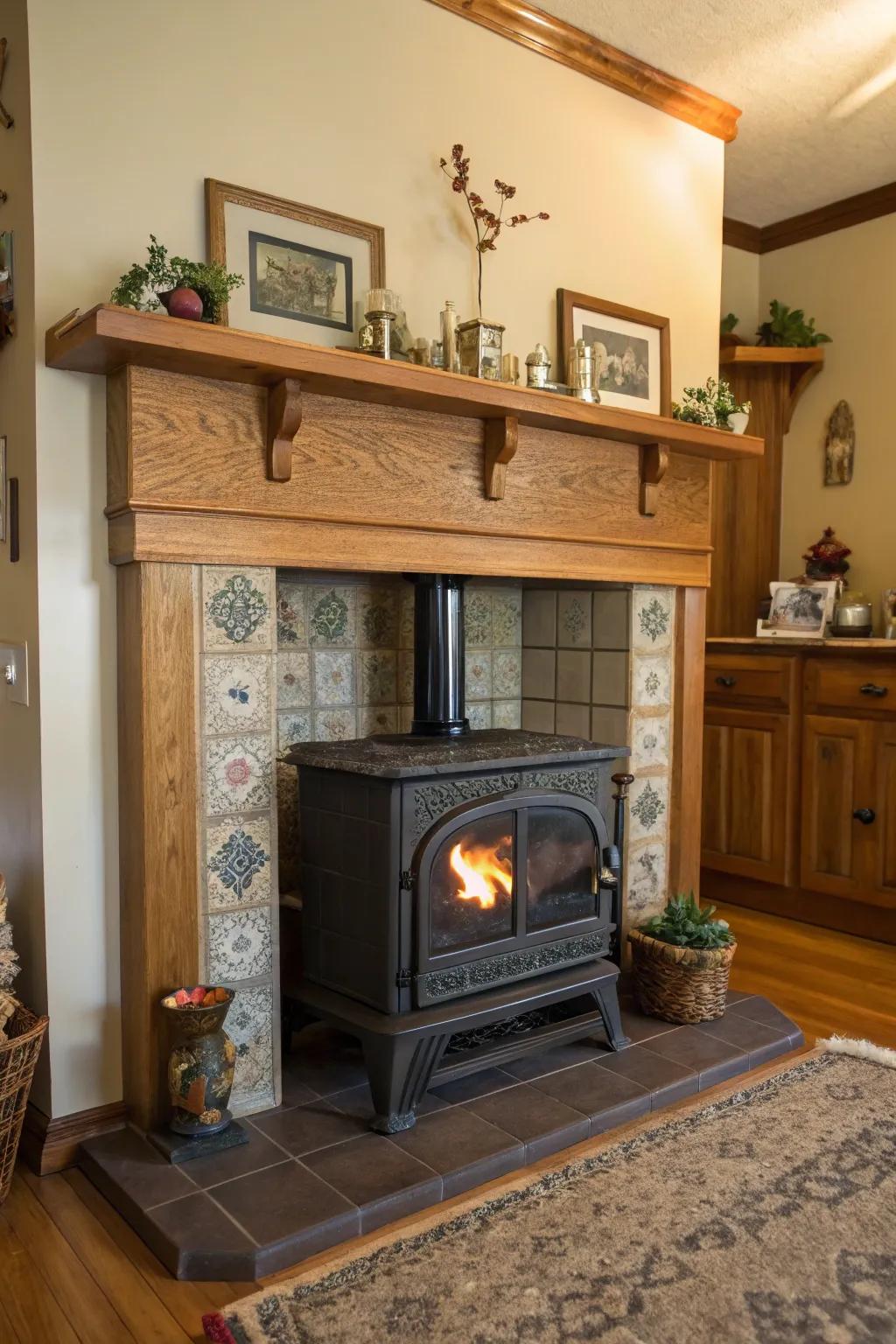 A mantelpiece includes decorative attraction to your wood stove tile surround.