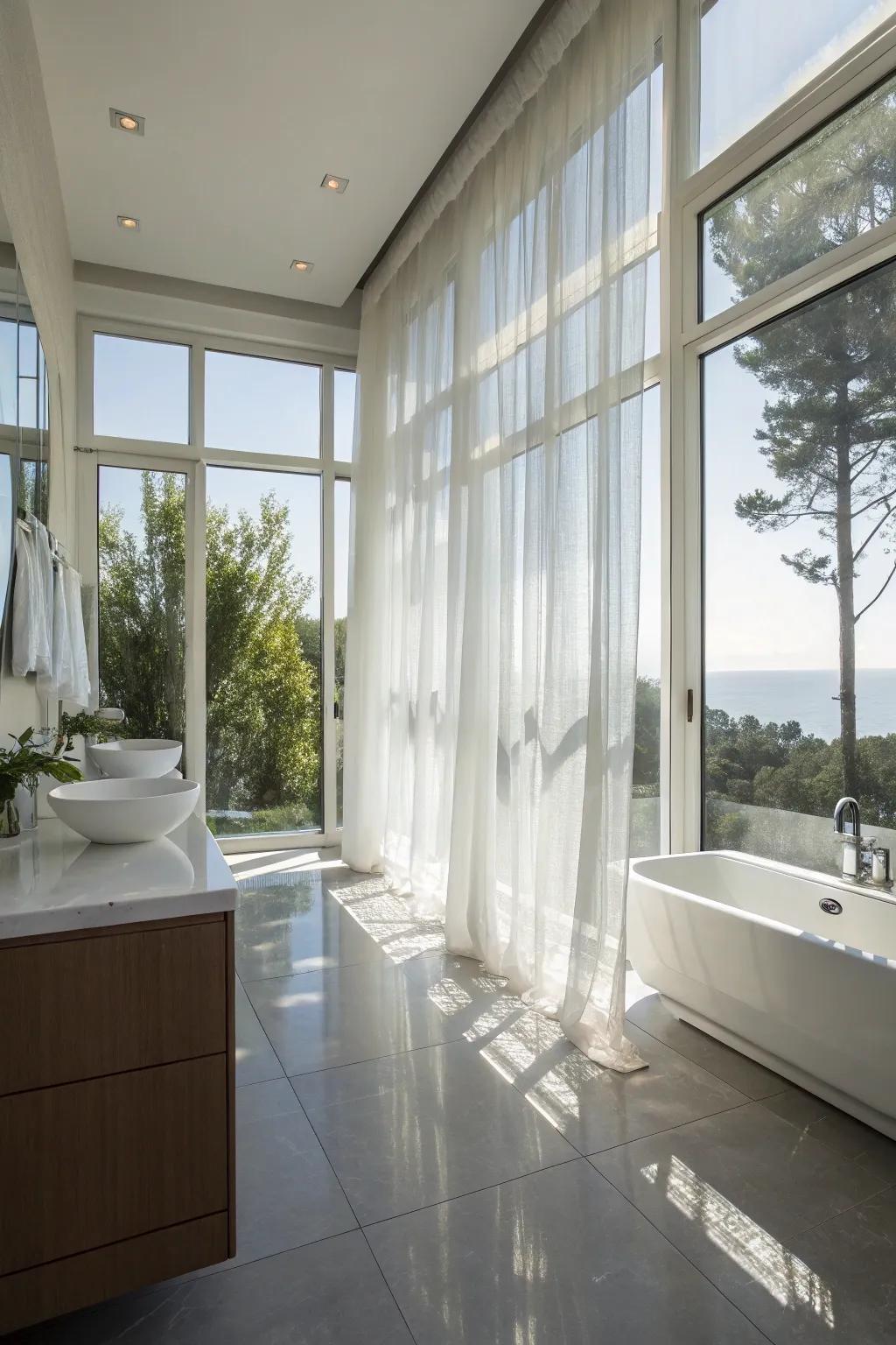 Maximizing daylight with sheer drapes and surfaces that reflect light.