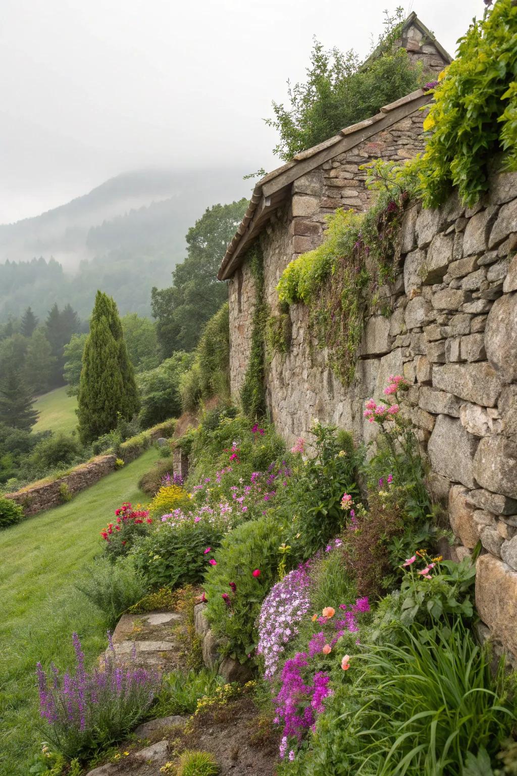 A rustic stone wall doubling as a stunning planter.