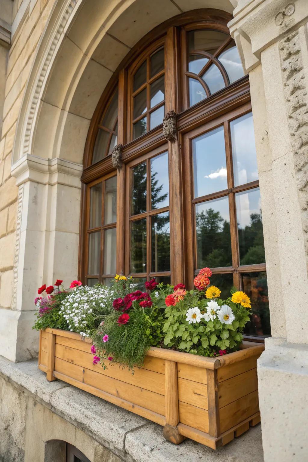 Flower containers add color and charm to your arch windows.