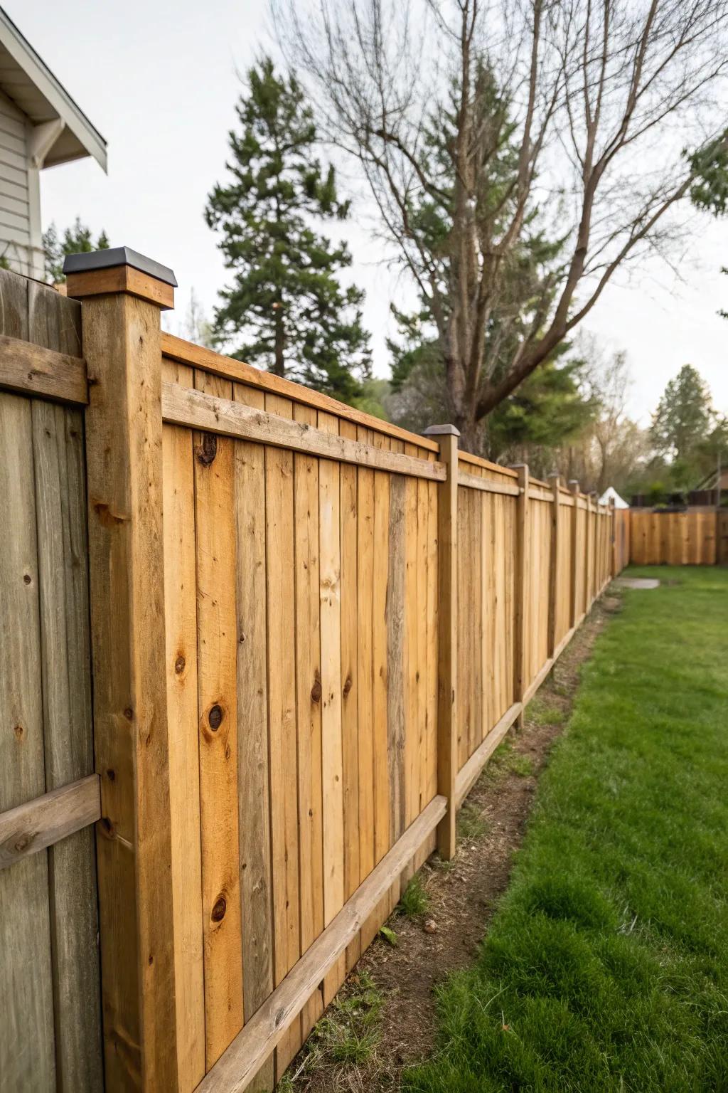 Reclaimed wood fencing offers eco-friendliness and character.