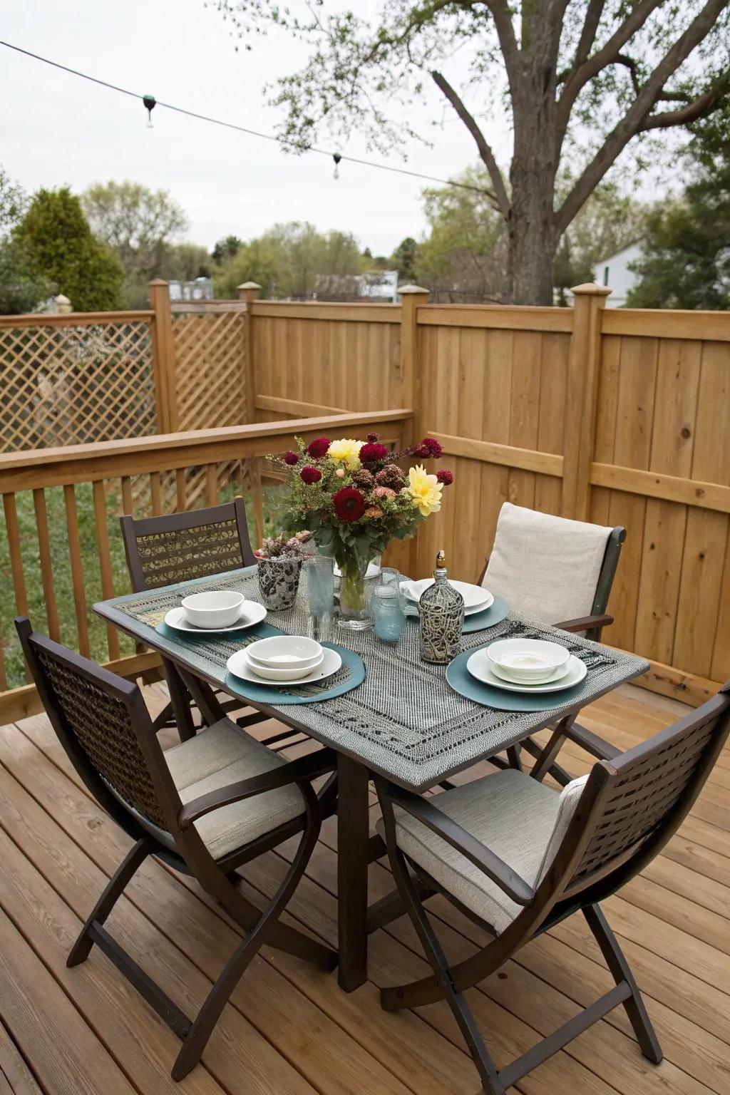 Create a dining area for enjoyable outdoor meals.