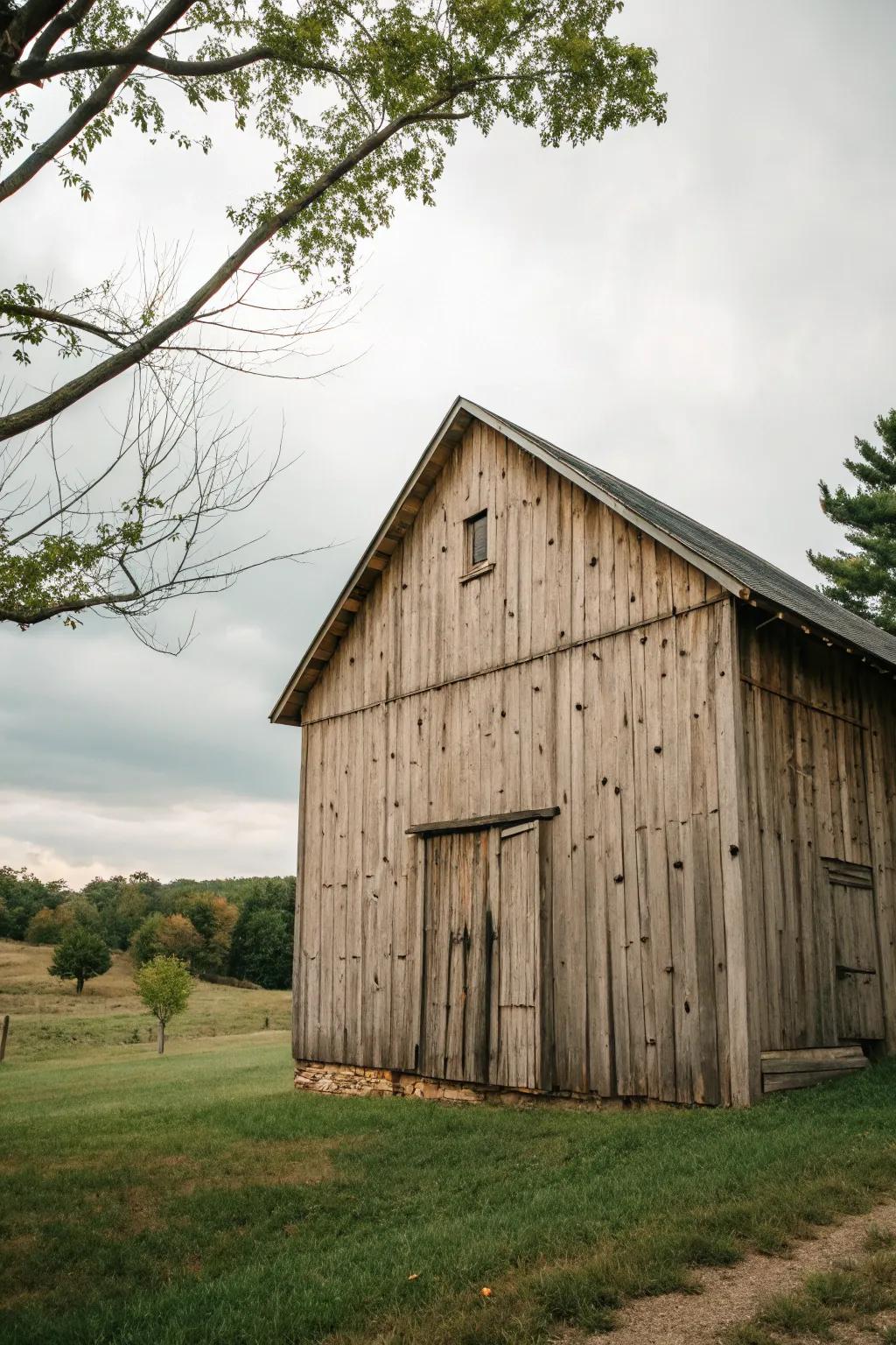 An unstained wooden barn that showcases natural rustic beauty.