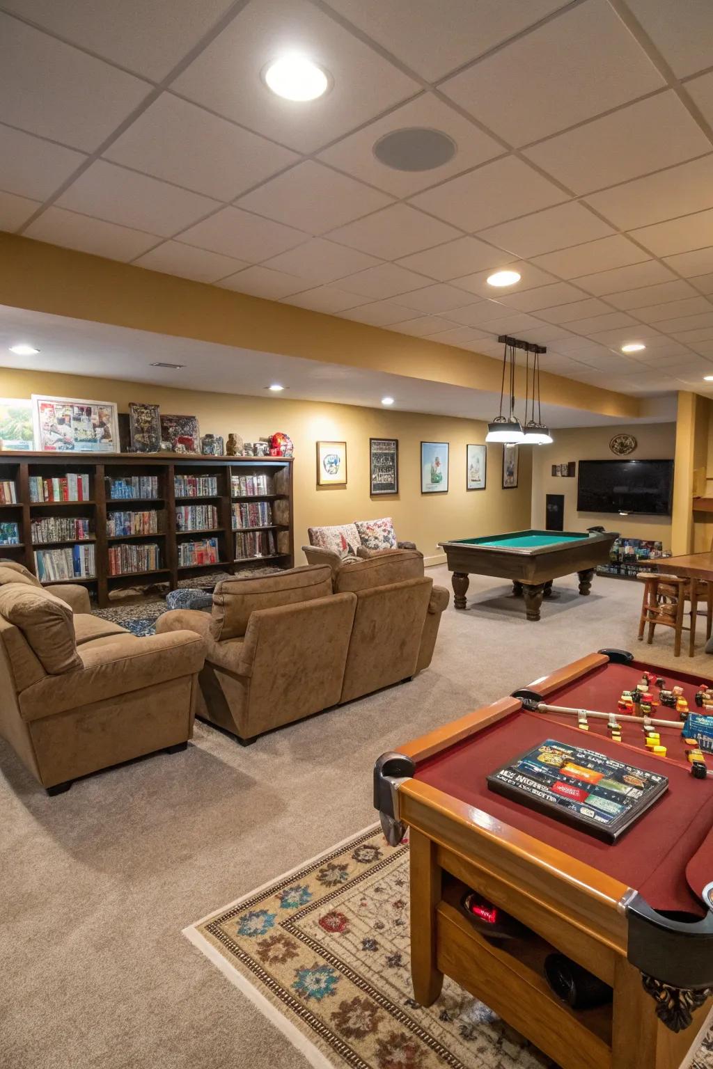 A fun basement recreation area with games and ample seating.