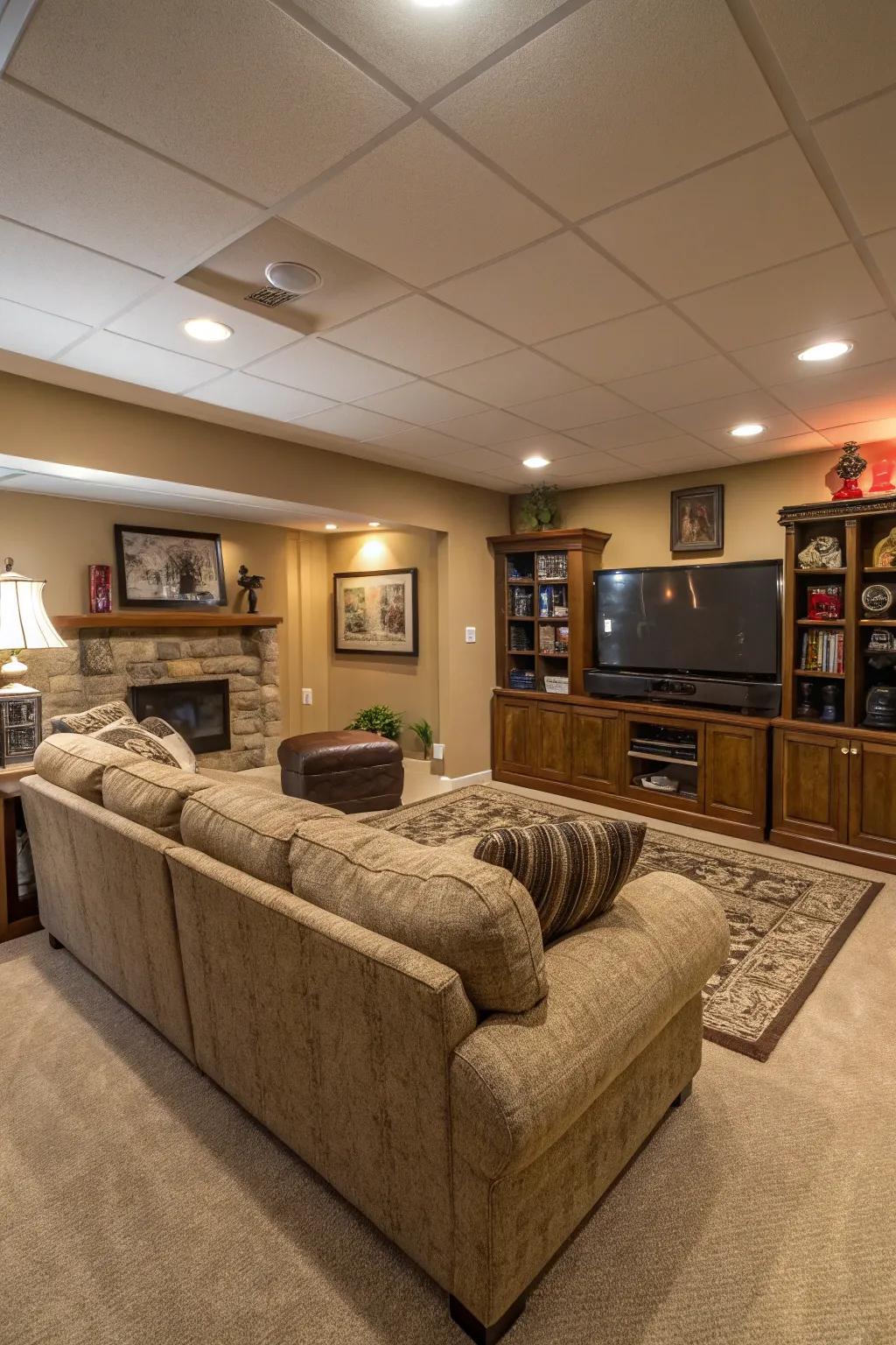 A welcoming open-concept family room in the basement with a large sectional sofa.