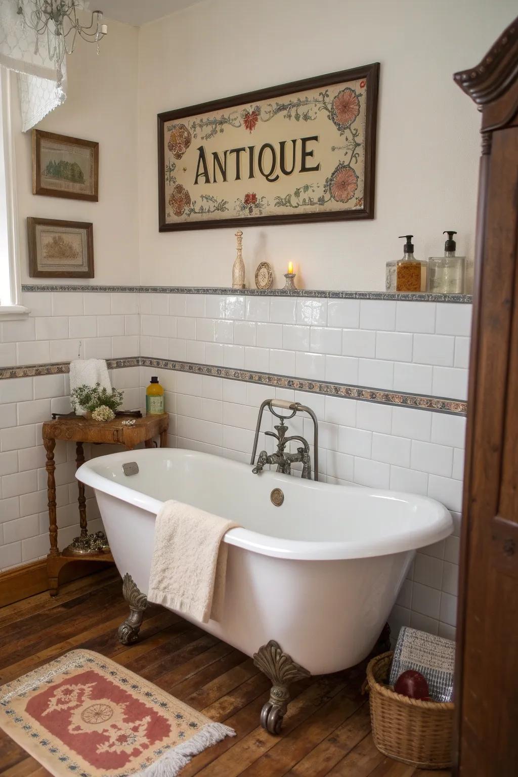 Add character by using antique bathroom signs.