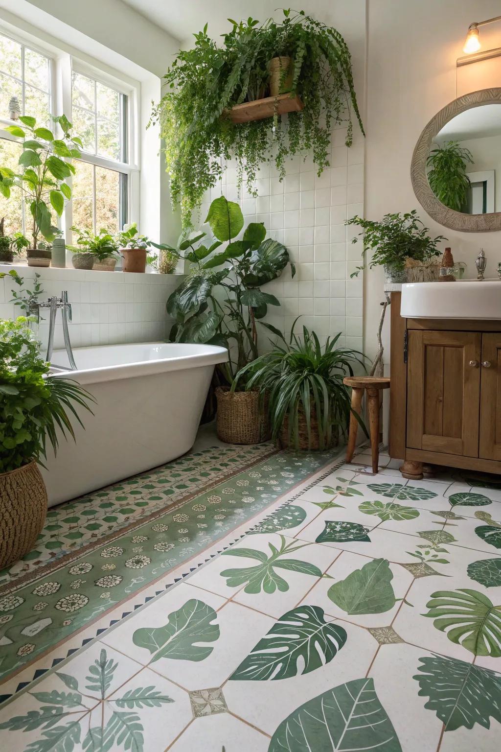 Nature-inspired vinyl flooring creates a serene and calming bathroom environment.