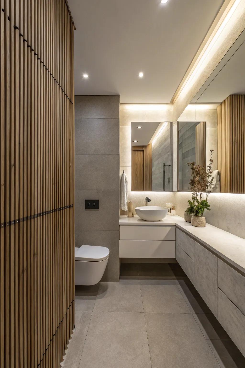 Vertical slat paneling adds height and elegance.