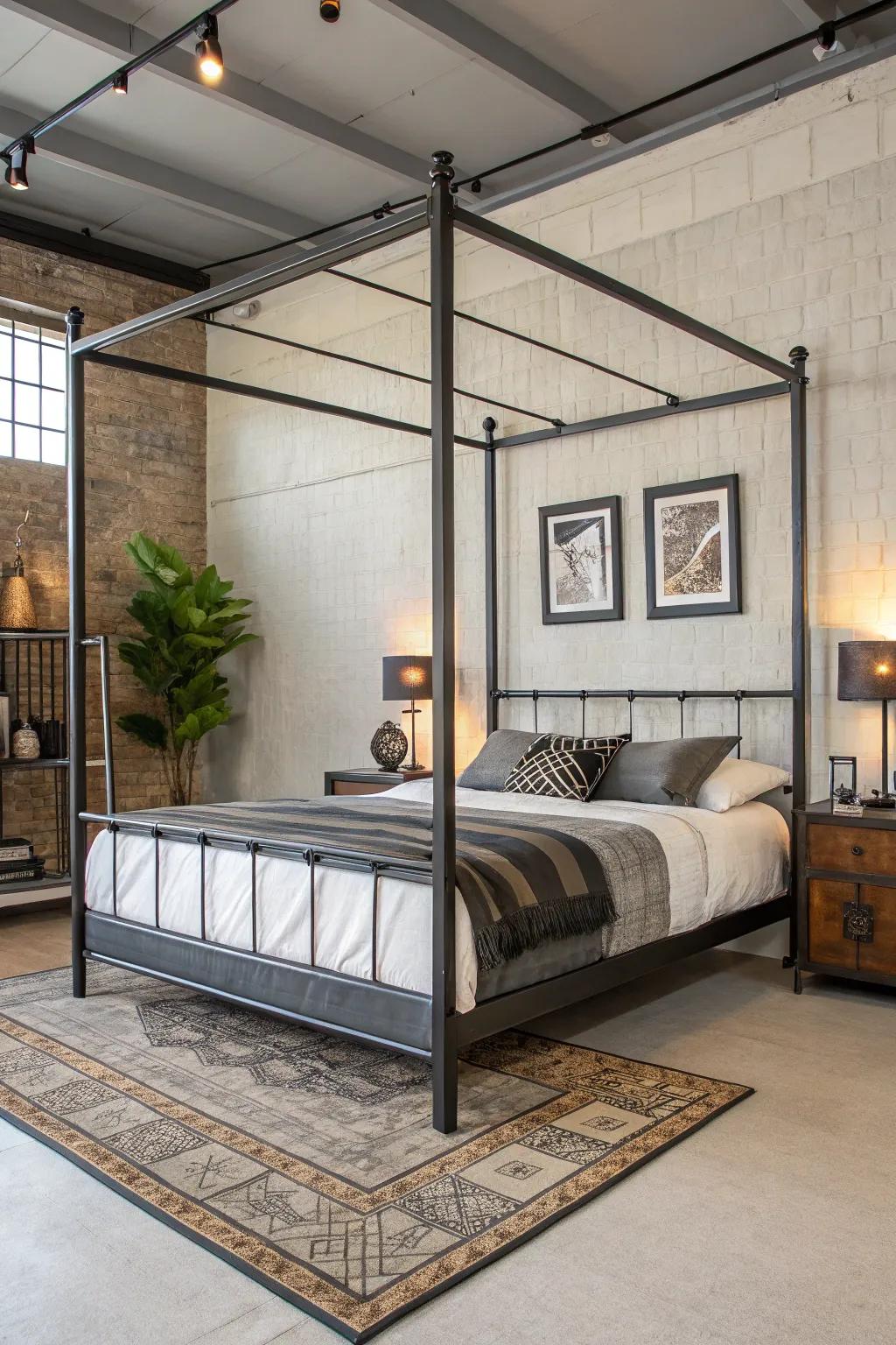 An industrial metal bed frame makes a bold, modern statement.