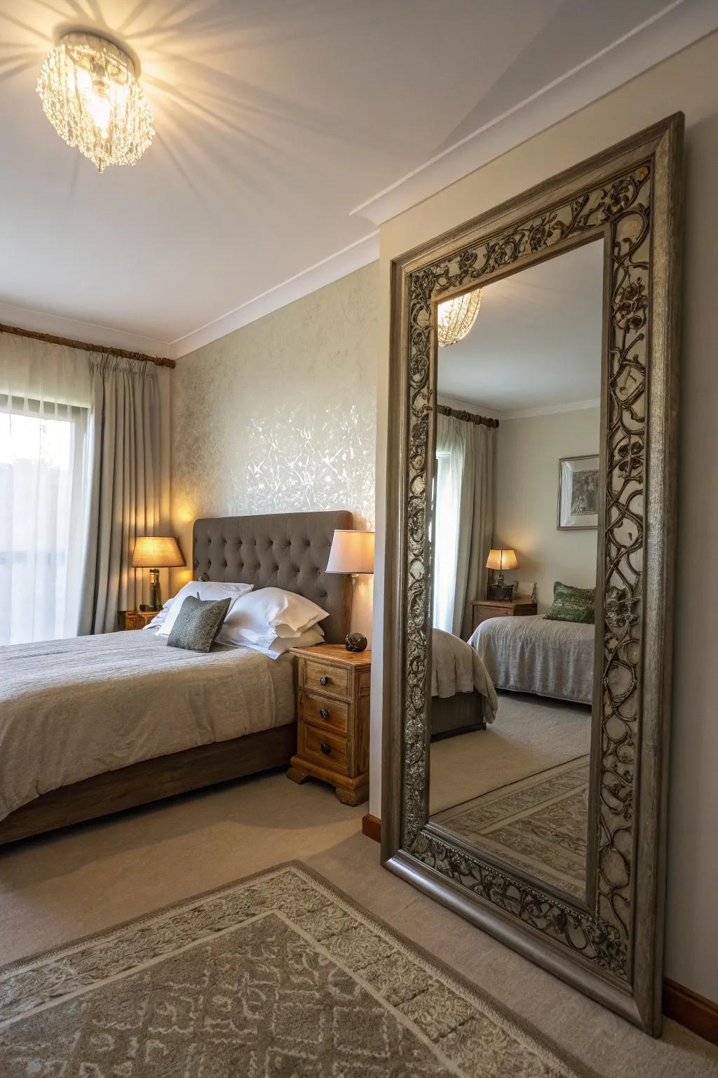 Observe how mirrors can elevate the sense of space and light, making the bedroom appear larger.