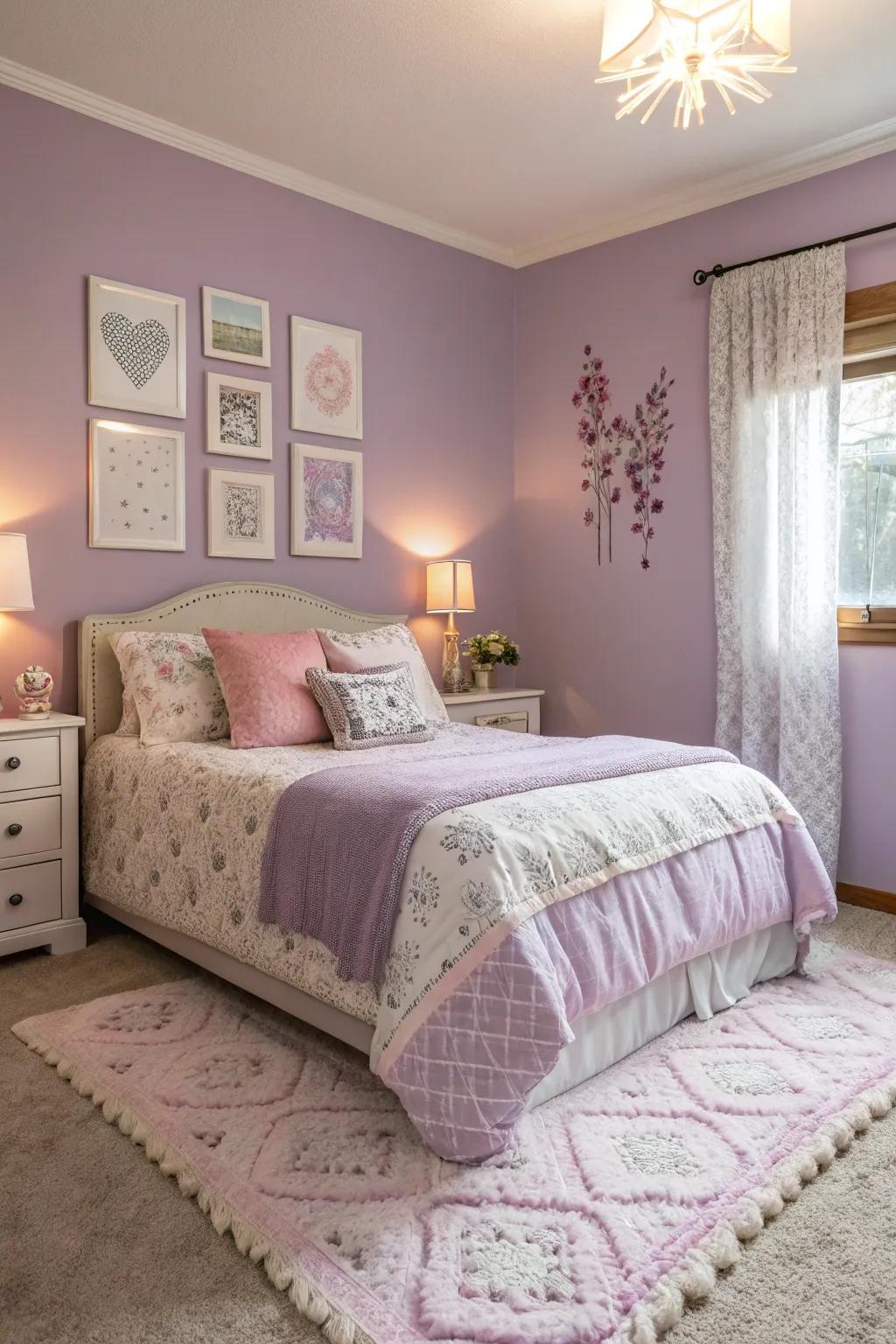 A serene sleeping quarter featuring lavender walls that inspire serenity and tranquility.