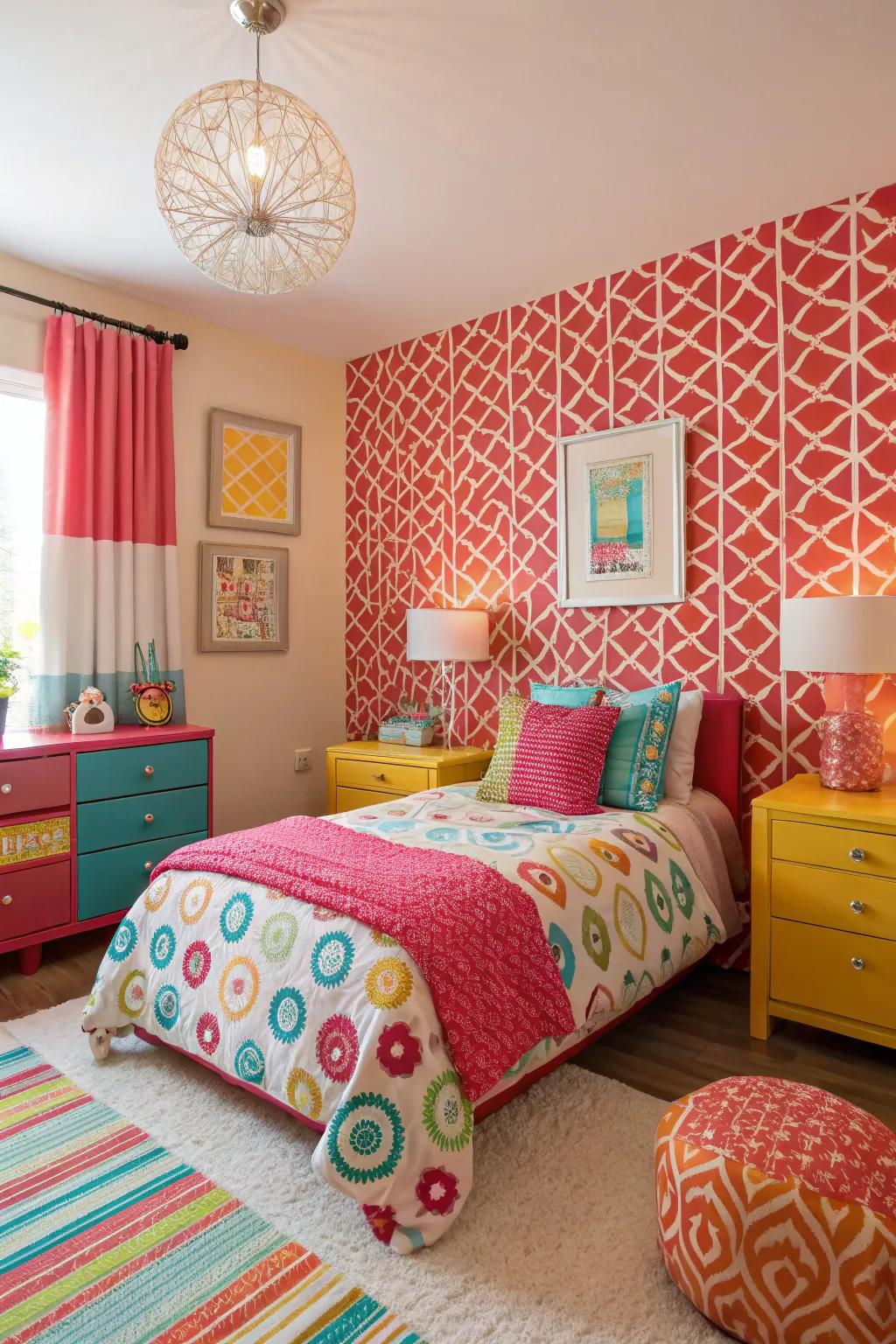 Bright patterns energize the room's atmosphere.