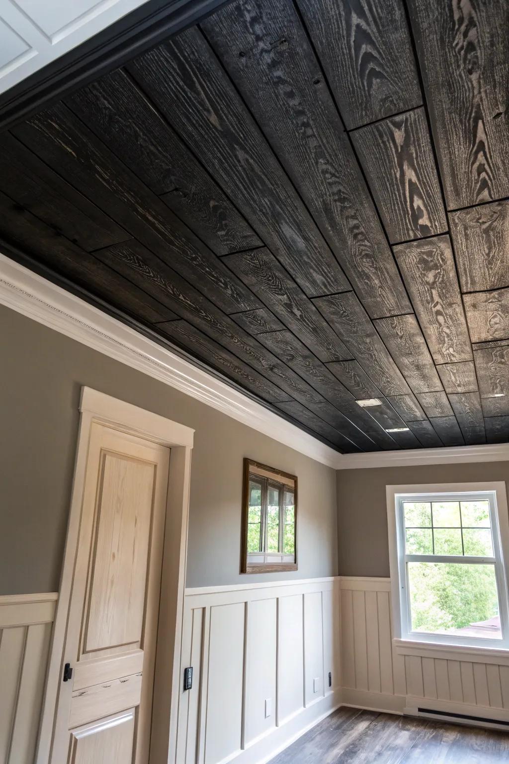 A room with a textured black ceiling that adds personality and luxury.