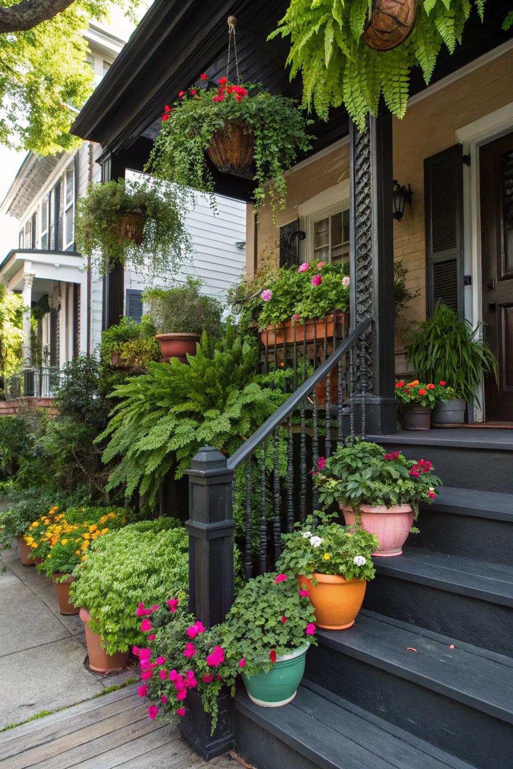 A black porch teeming with potted plants and lush greenery.