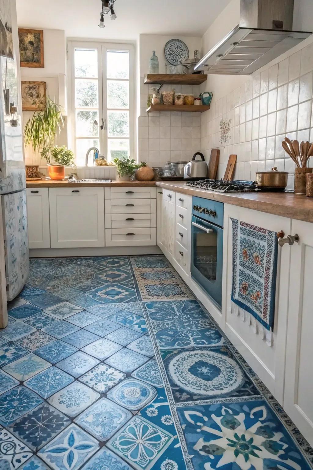 Eclectic blue tiles add an artistic touch to the kitchen.