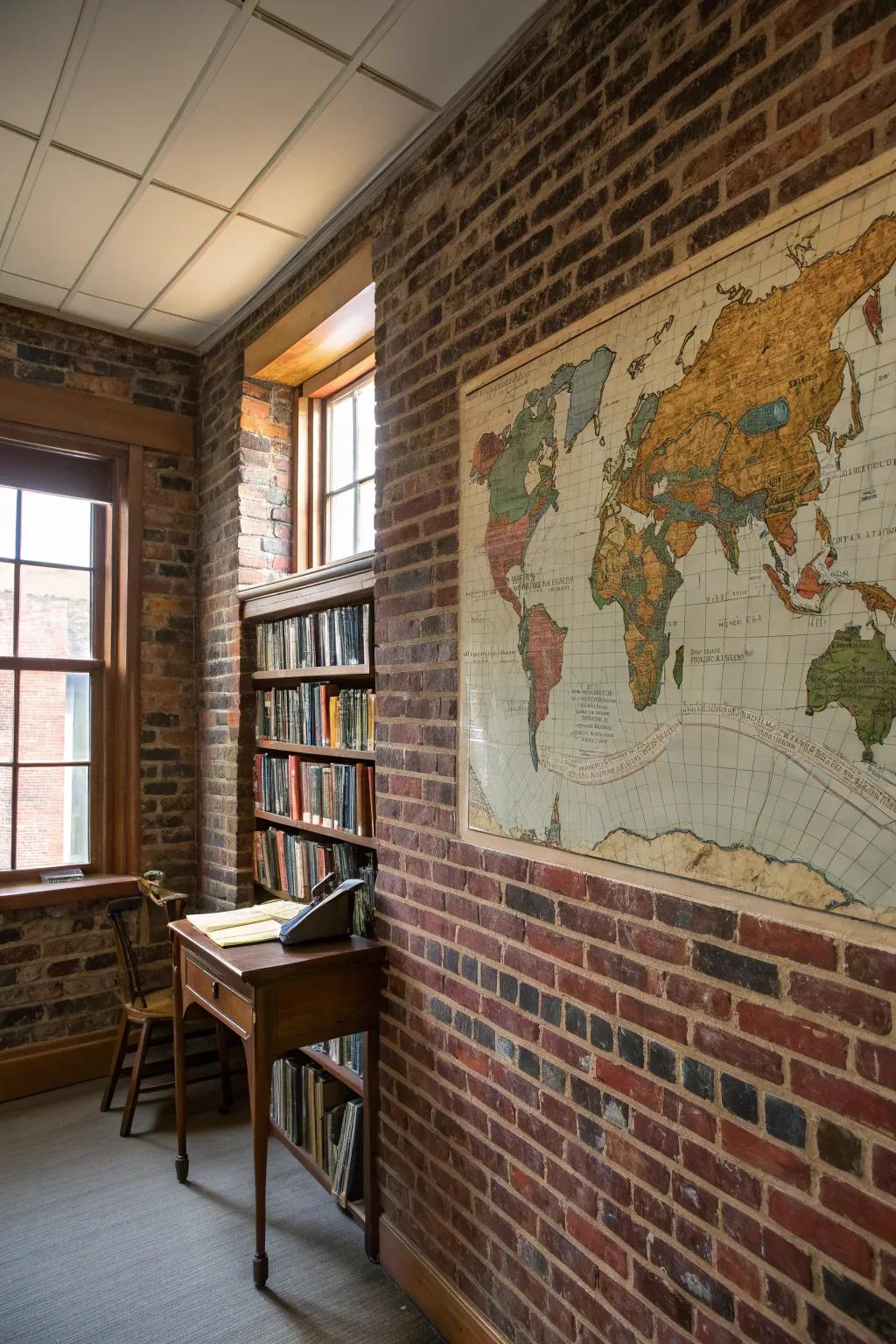 A classic map mural transforms a brick wall into a journey.