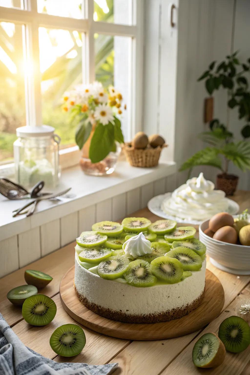 A kiwi and cream cake that’s fresh and inviting.