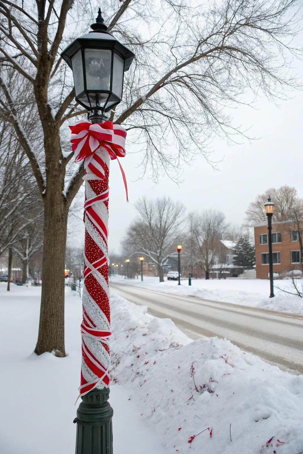 Candy cane stripes add a sweet touch to a lamp post.