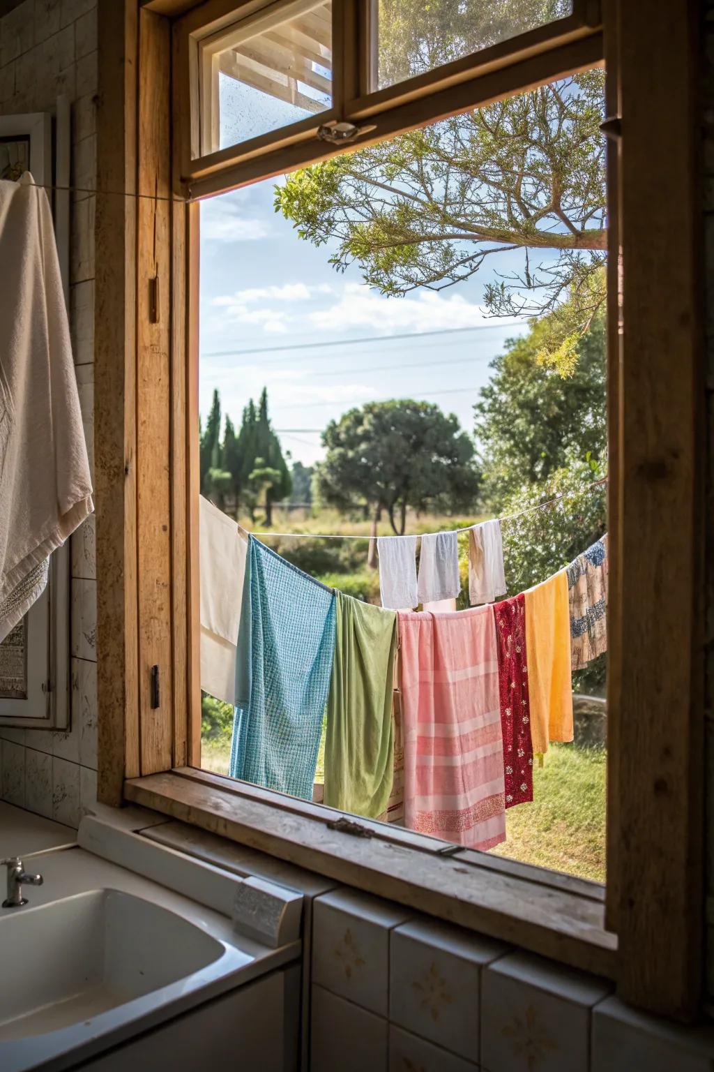 A discreet and practical clothesline just outside the kitchen window.