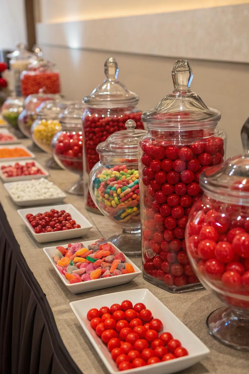 A crimson sweet station offering a tempting treat for attendees.