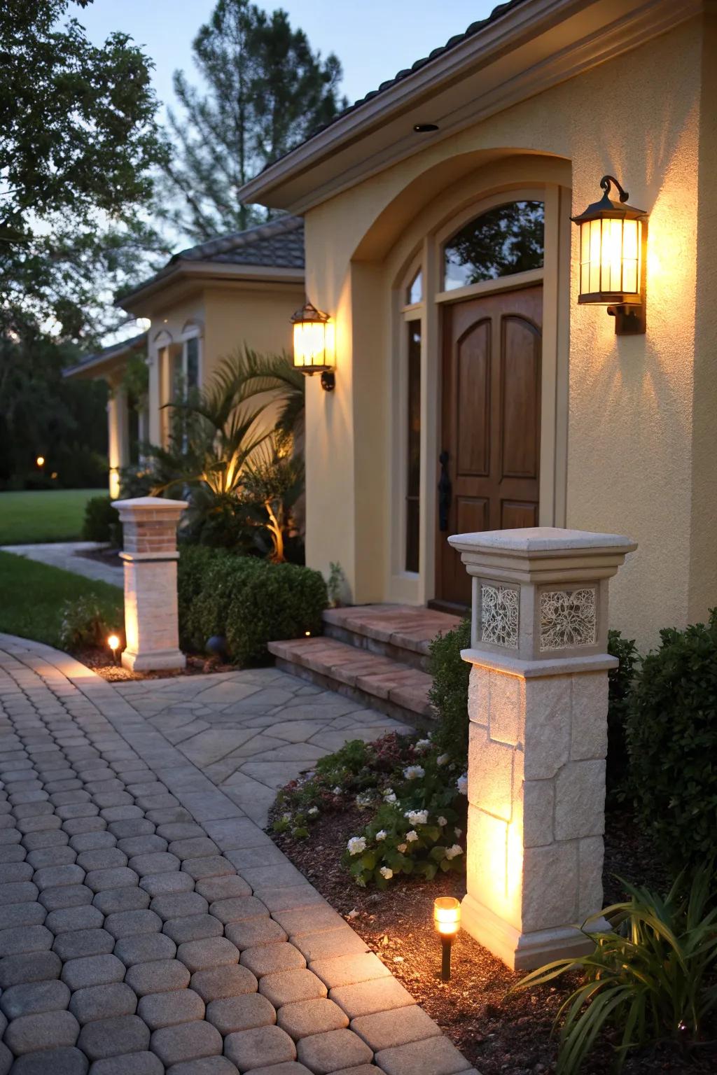 Greet guests with warmly illuminated entry columns.