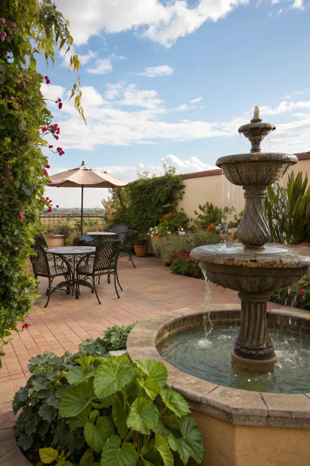 A water feature adds a calming effect to your open-air space.