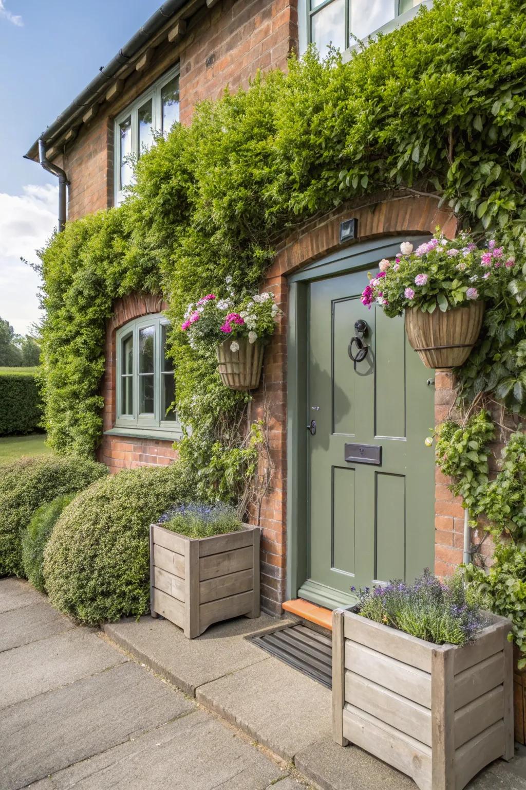 Nature-inspired olive green door for a rustic feel.