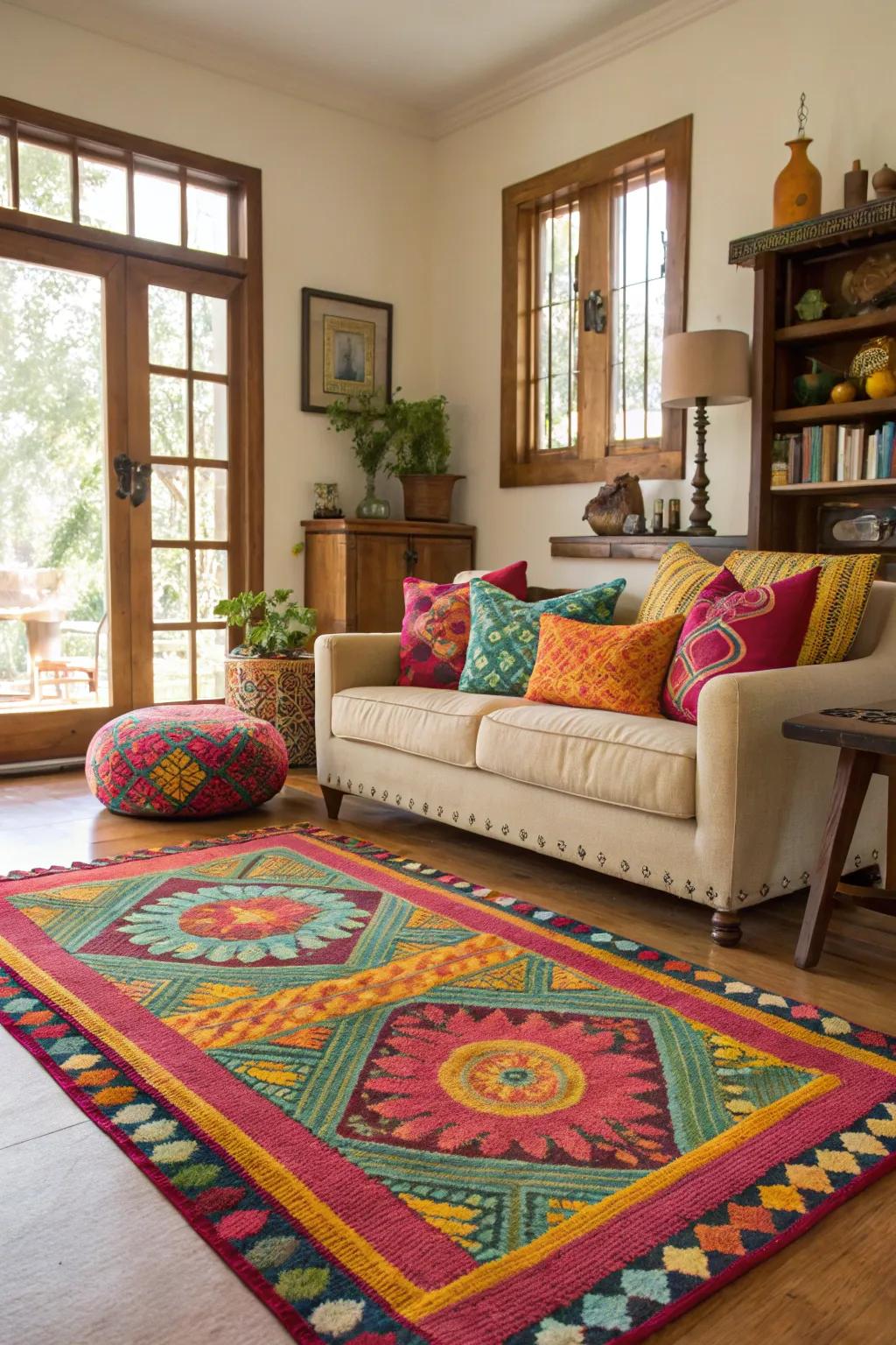 Highlight pieces like vibrant rugs add character.