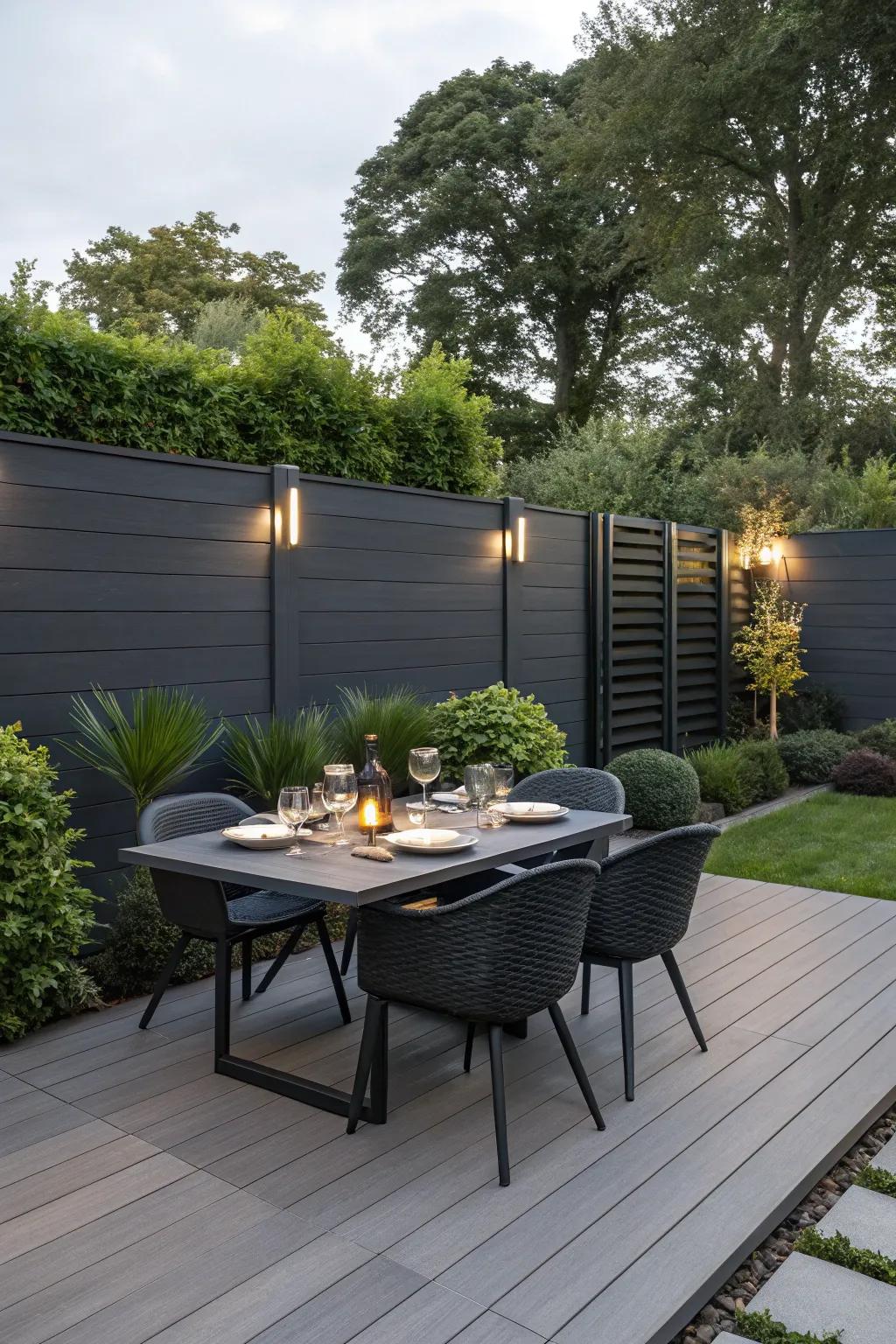 A modern terrace with a dark grey fence and matching decking for outdoor dining.