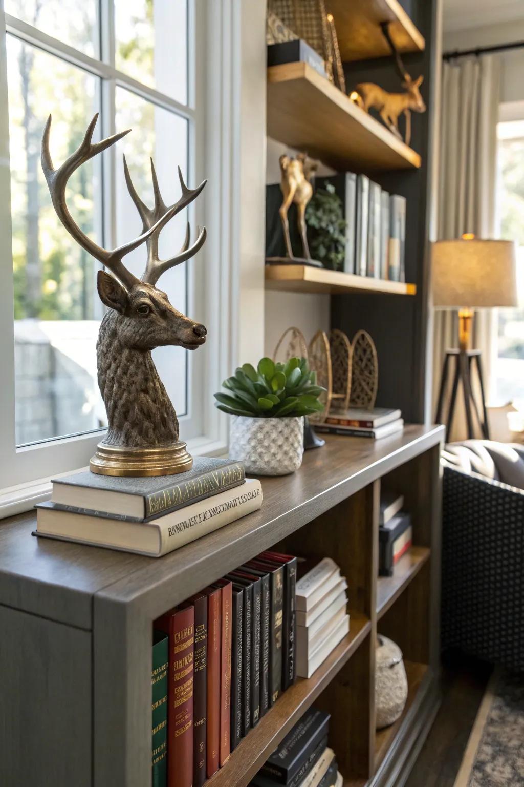 Deer antlers serve as functional and stylish bookends on a home office bookshelf.