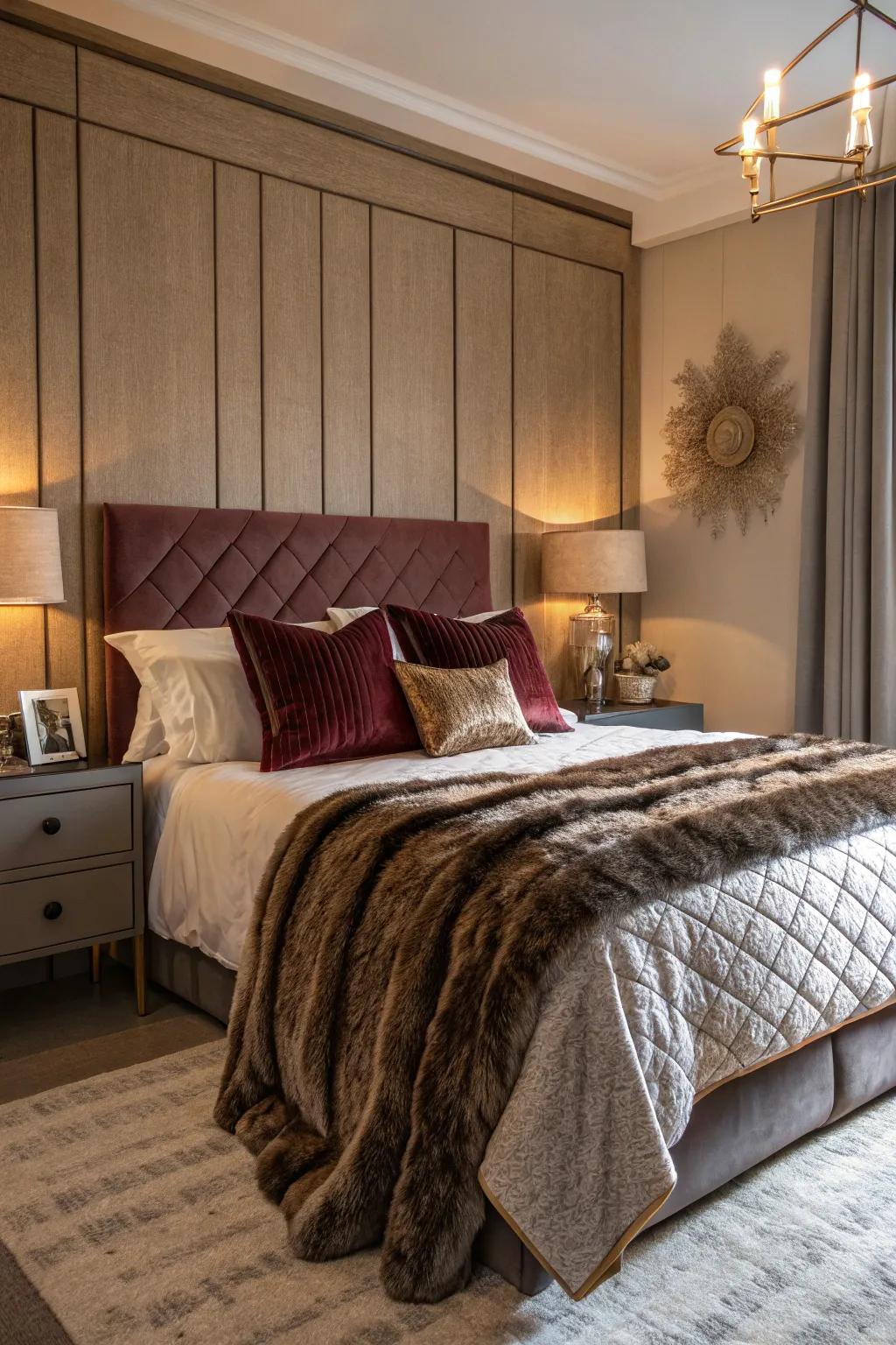 Layered textures add depth and interest to the bedroom.