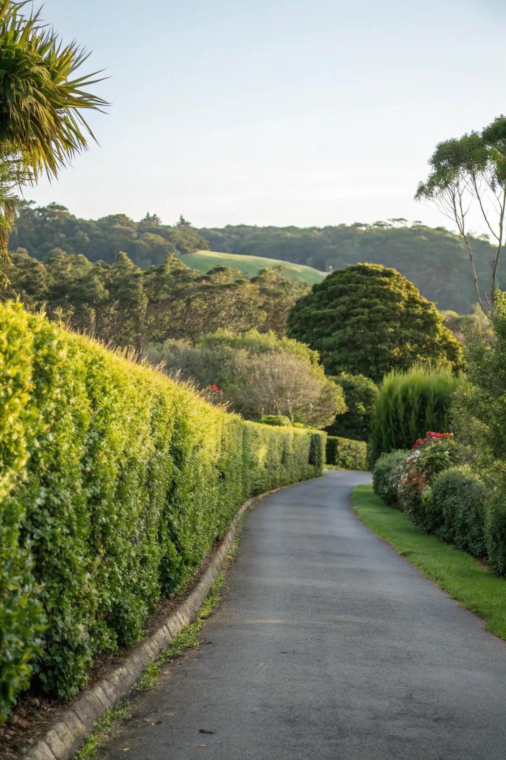 Native plant hedges offering a natural look along a driveway.