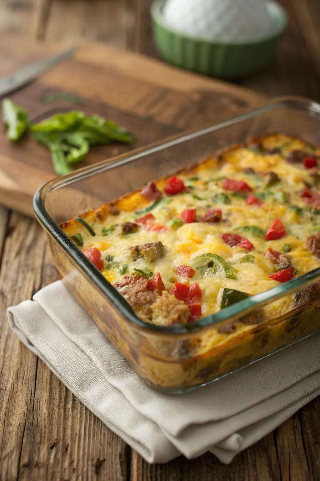 Savory breakfast casserole, a hearty brunch option.