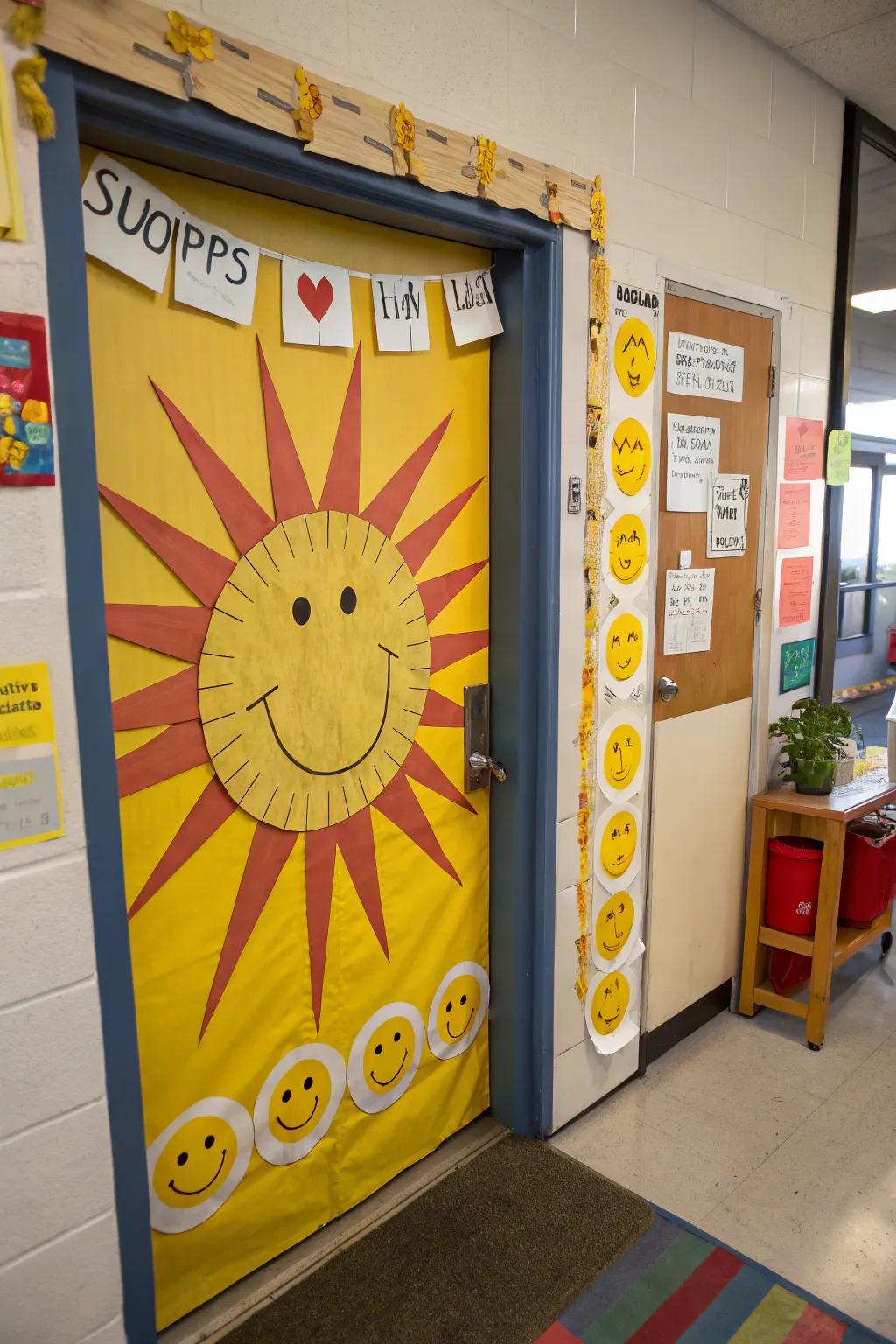A vibrant sun shines on this classroom door, spreading joy and sunny spring vibes.