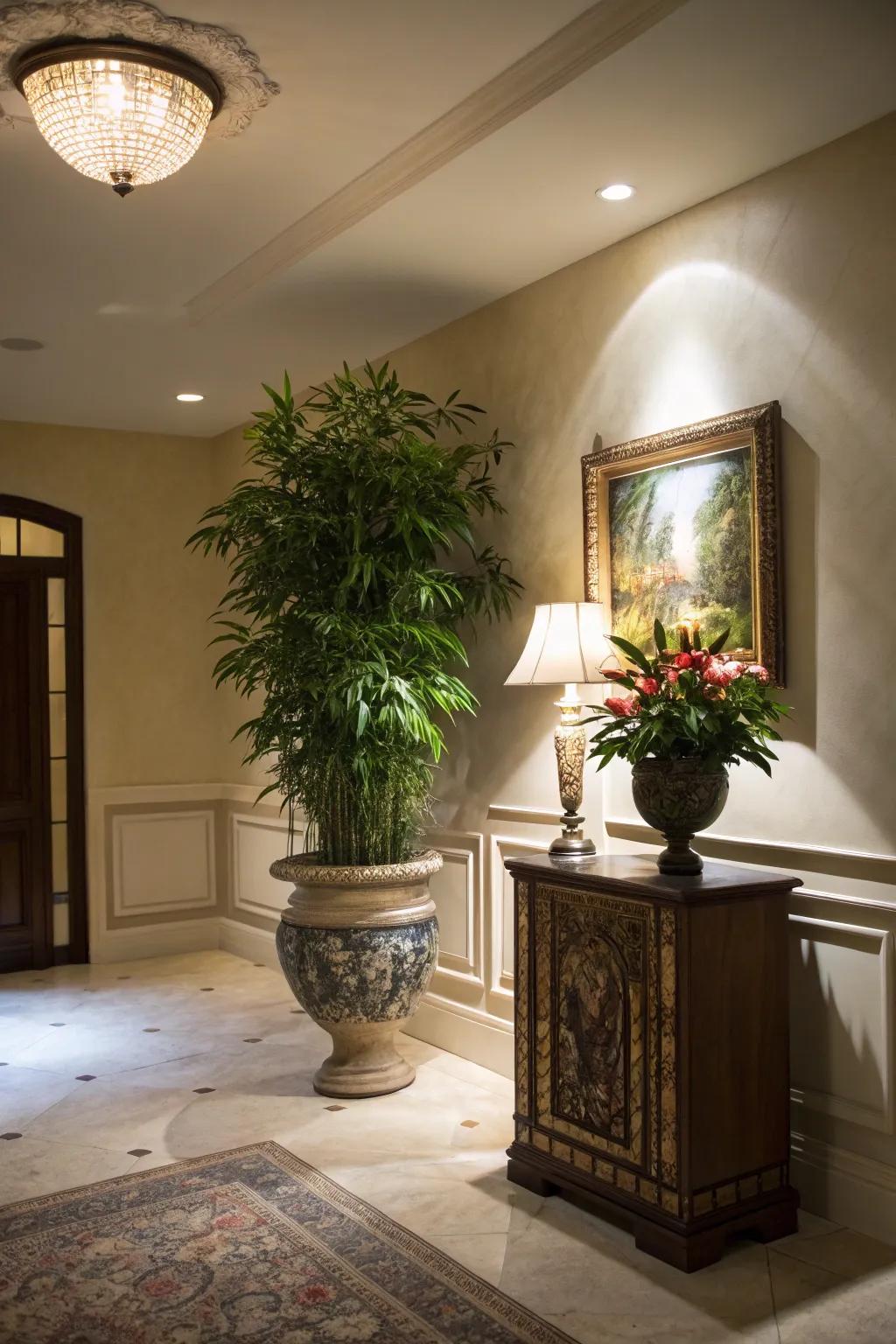 Spotlight brings attention to decor in this stylish foyer.