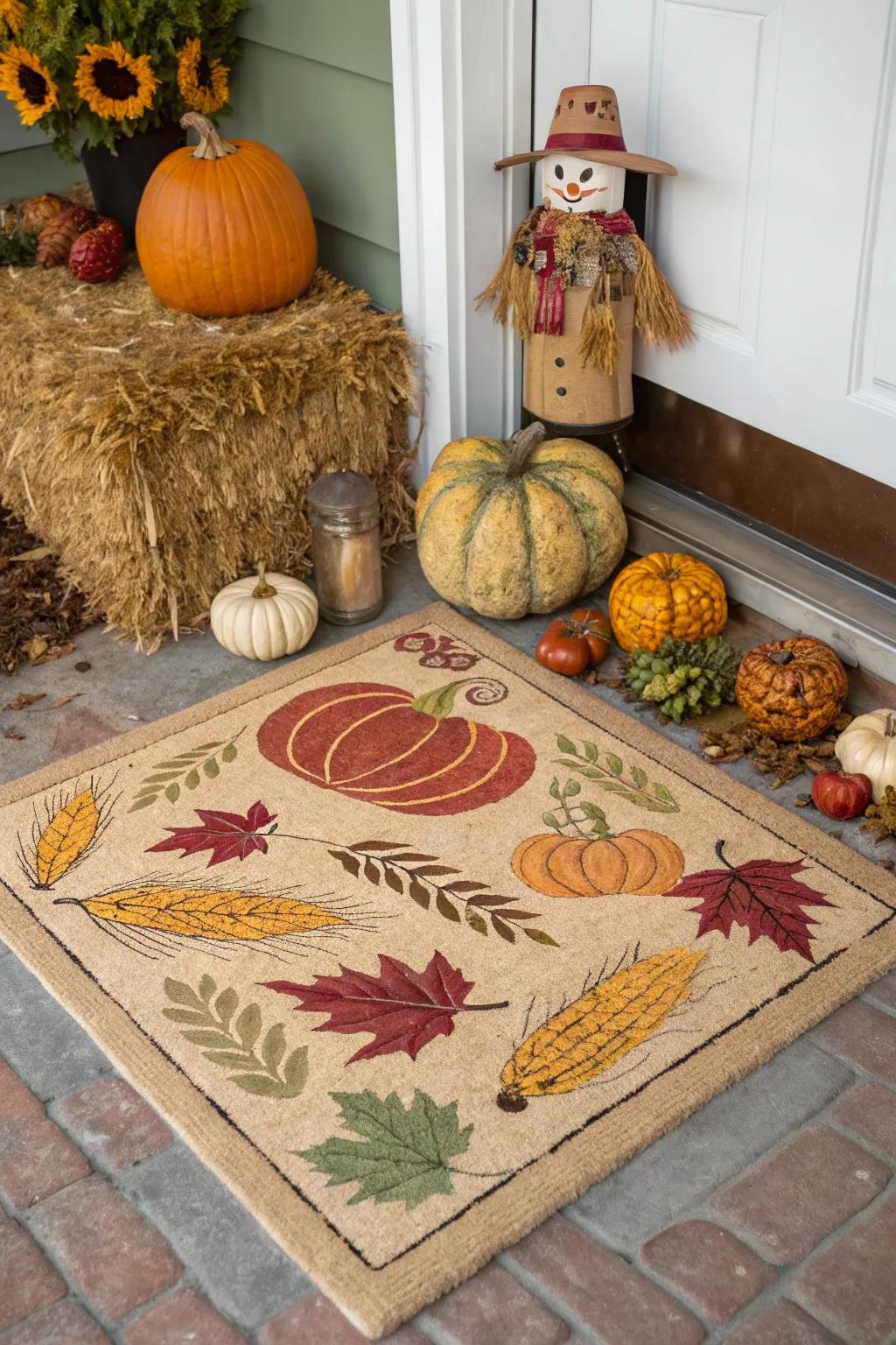 Harvest-themed doormat celebrating autumn abundance.