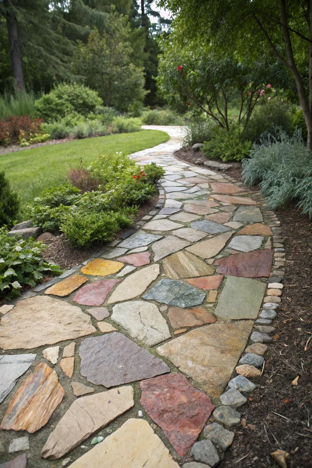 An artistic flagstone path showcasing a rich palette of colors and sizes.