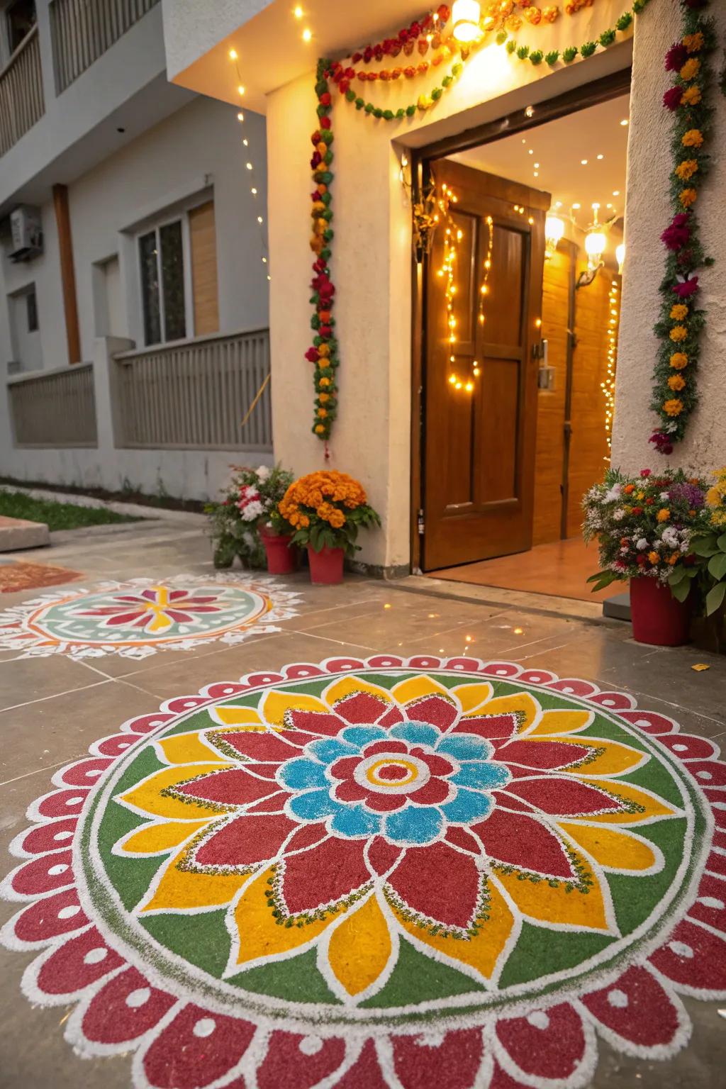 A colorful and welcoming rangoli pattern at the entrance, setting the festive tone.