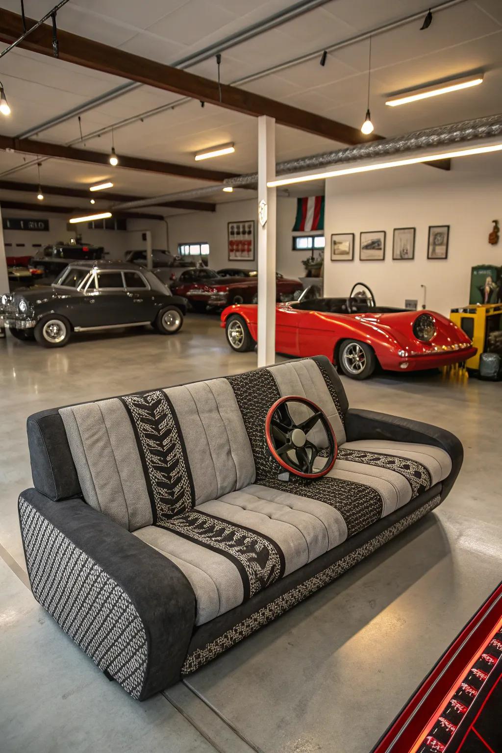 Automotive-themed sofas celebrate car culture, perfect for garage enthusiasts.