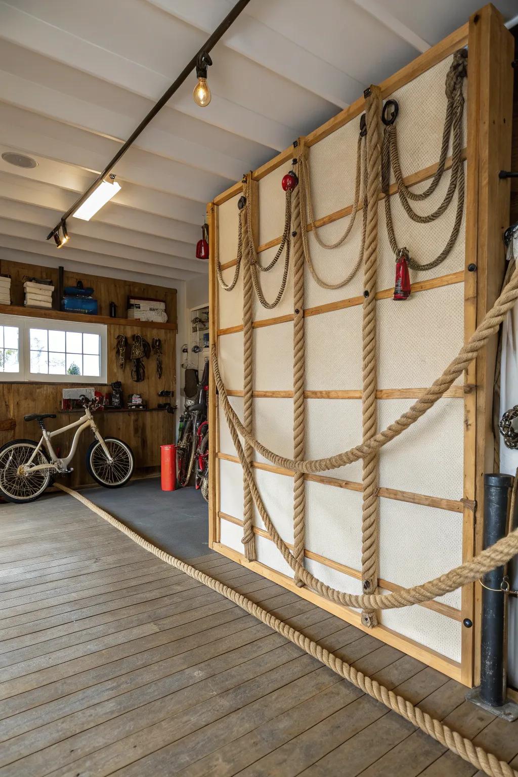 Rope wall dividers create a nautical theme with subtle partitioning.