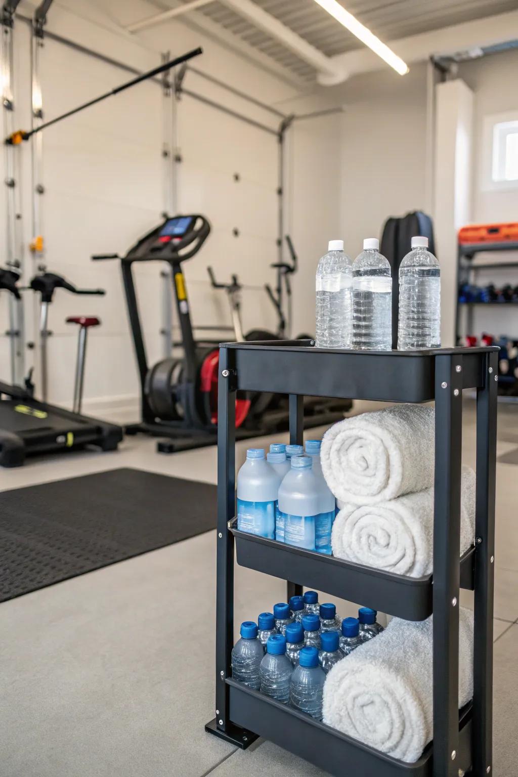 A hydration station ensures you stay refreshed during workouts.